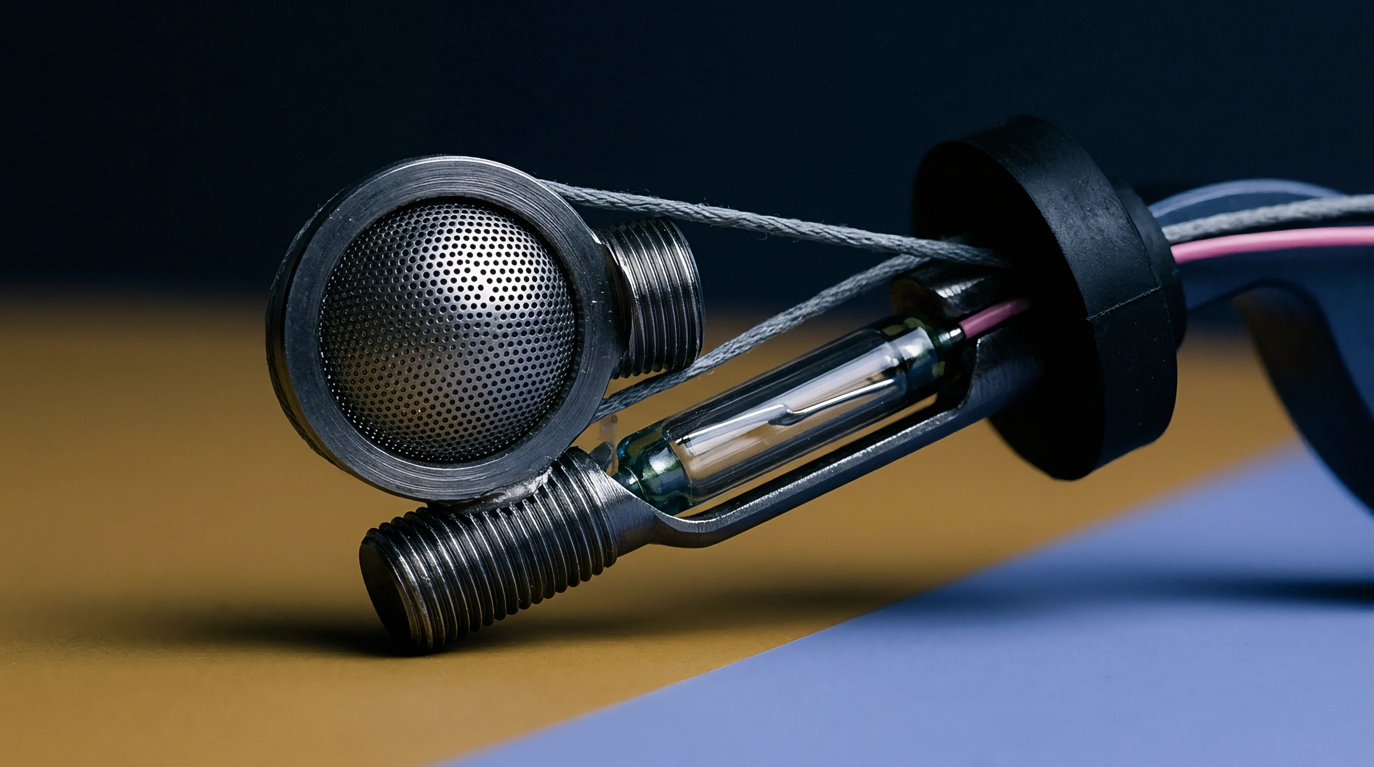 An acoustic transducer protected by a wire mesh dome is mounted alongside a glass encapsulated sensor on a metallic bracket featuring electrical leads.