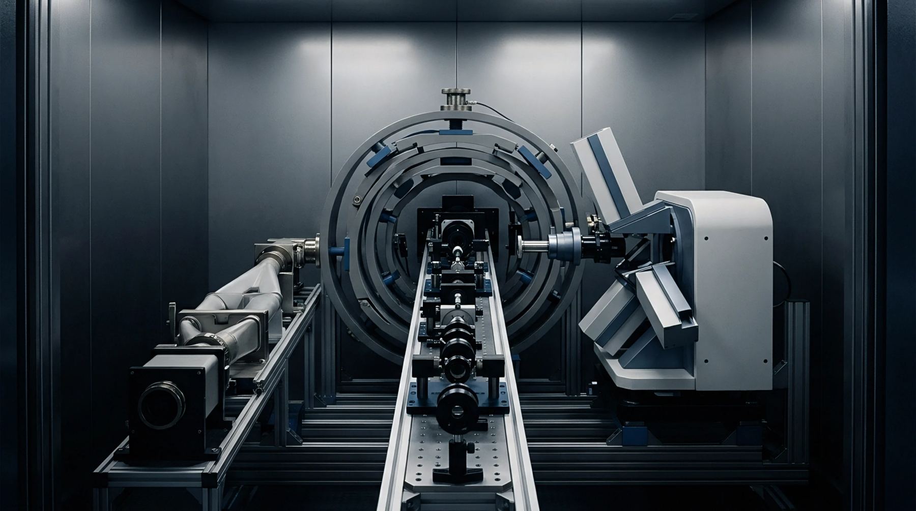 A digital render displays a high precision optical calibration bench with lenses inside a grey metal enclosure facing a circular gantry.