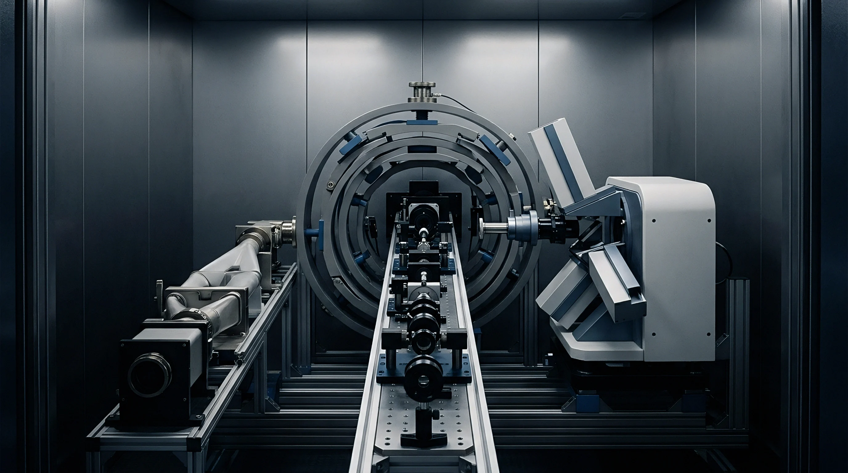 A digital render displays a high precision optical calibration bench with lenses inside a grey metal enclosure facing a circular gantry.