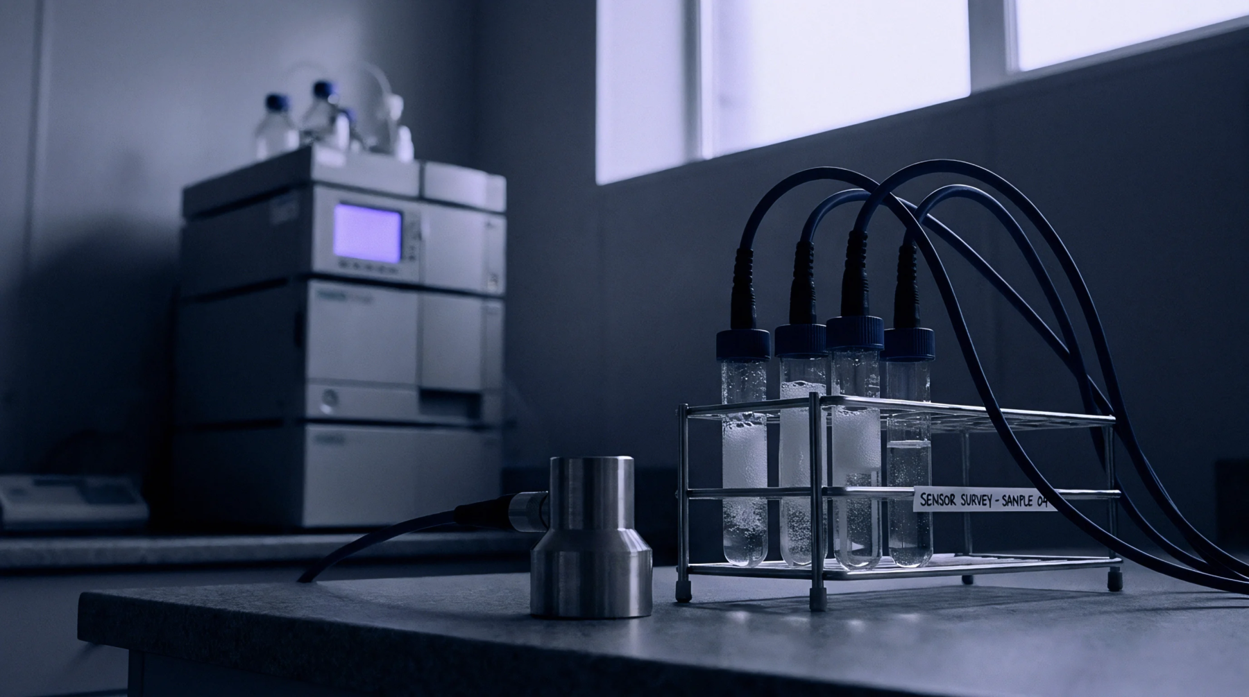 Four test tubes filled with liquid sit in a metal rack connected by sensor cables on a laboratory workbench.