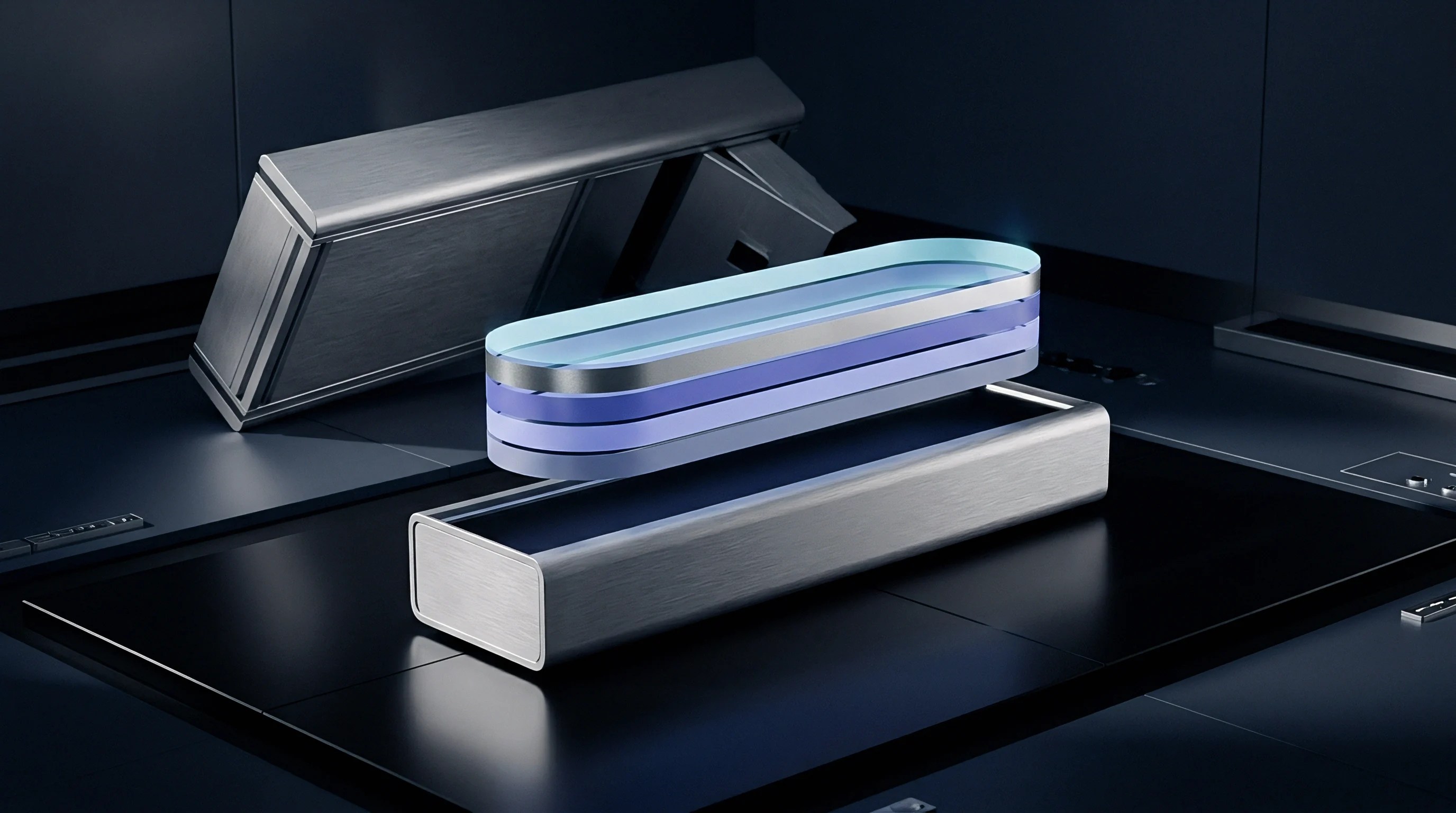 Multi layered oval signal processing components hover above a machined brushed metal rectangular sensor housing assembly within a 3D rendered environment.