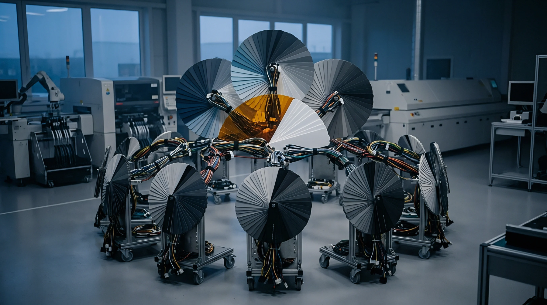 Radial arrays of metallic circular sensors connect via complex wiring looms within an automated electronics production testing station facility.
