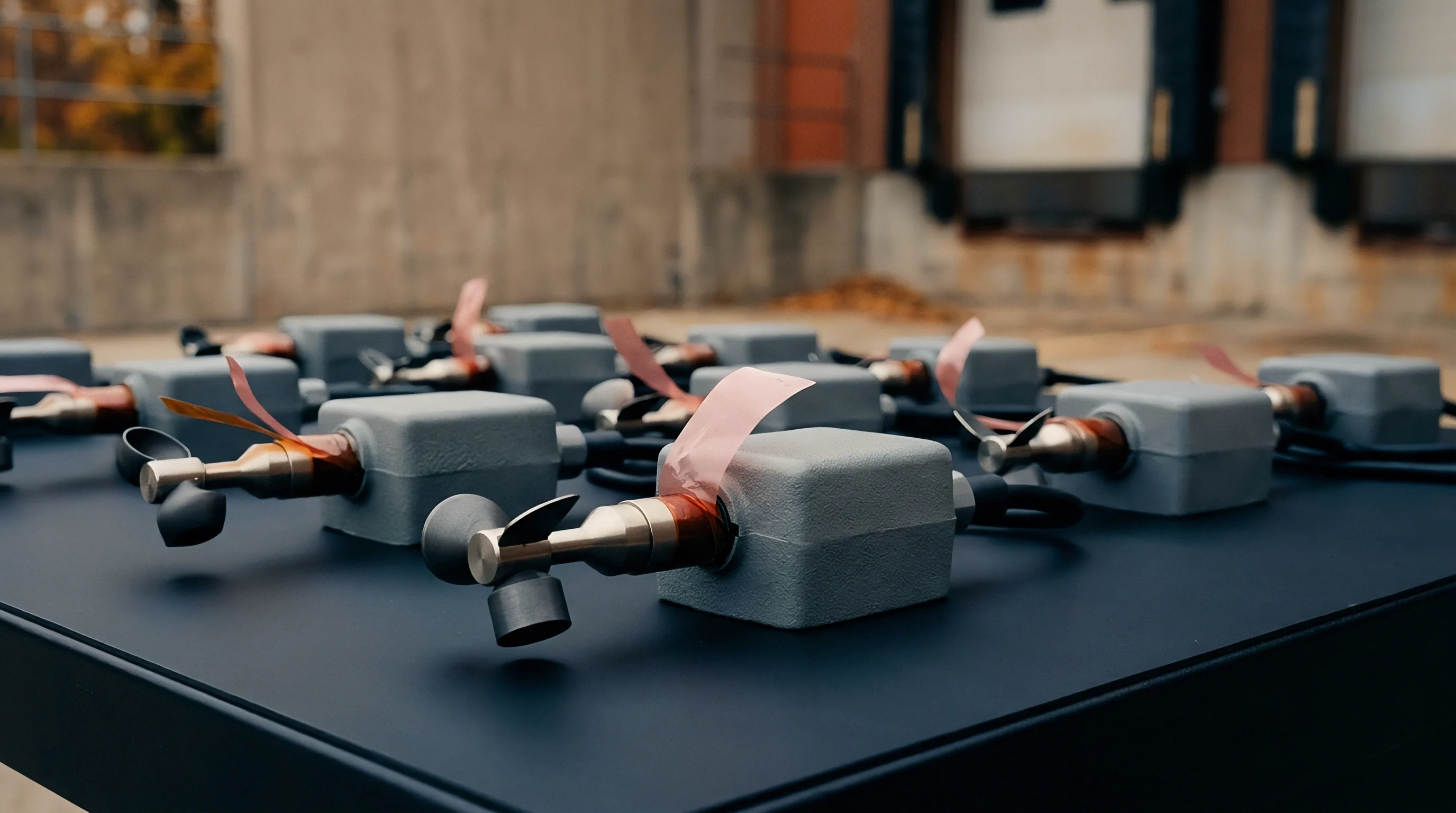 Multiple grey electronic sensor enclosures with metal wind cup assemblies rest in aligned rows on a black production table.