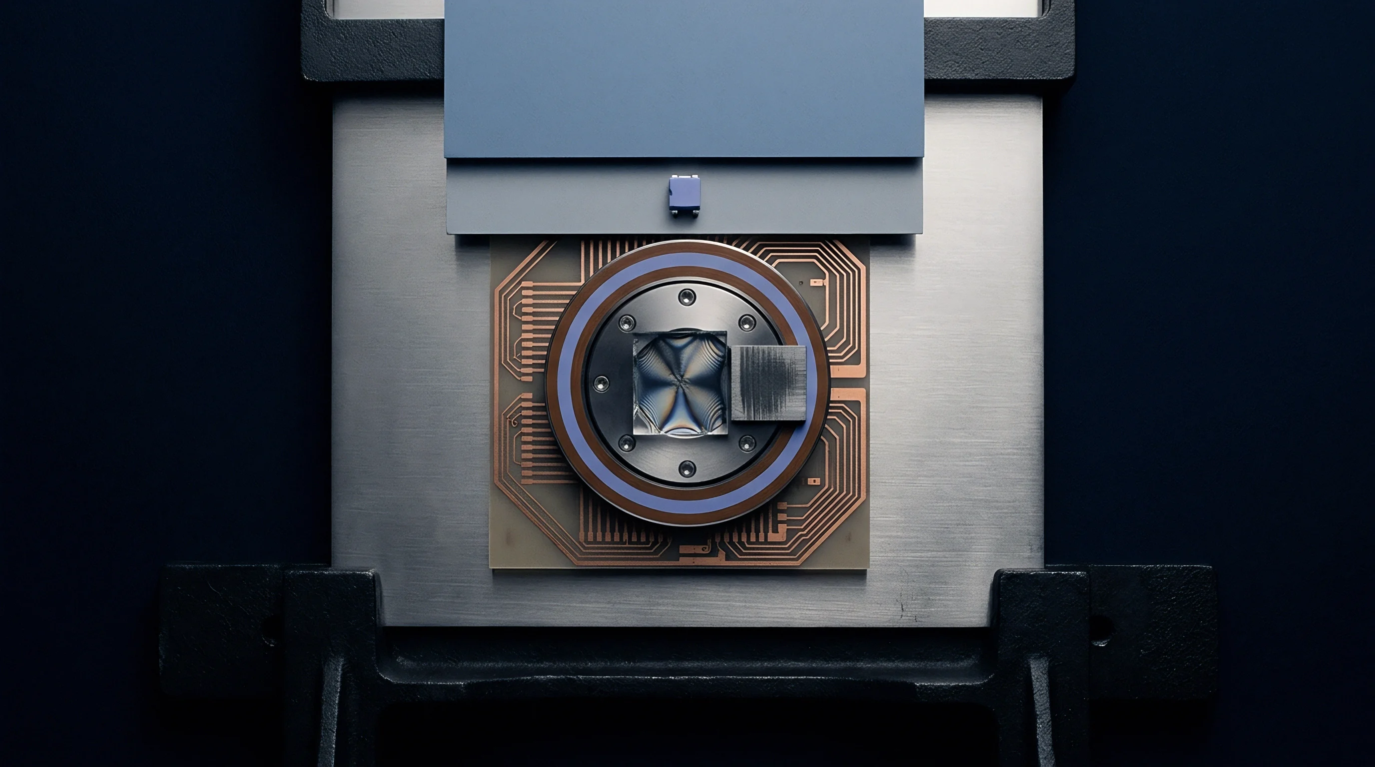 A rendered digital model displays an optical interferometer assembly mounted on a copper traced circuit board within a test fixture.