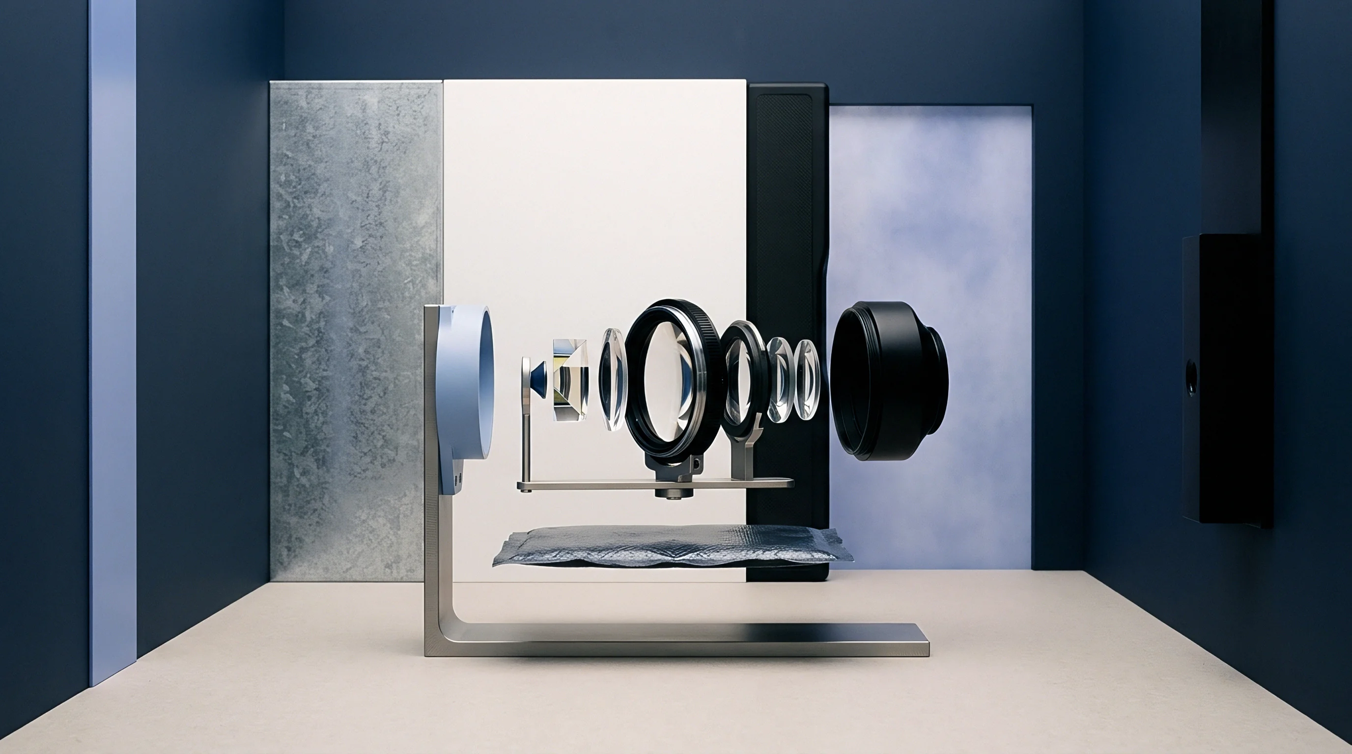 Multiple glass optical elements and metallic mounting rings float in an exploded arrangement above a studio floor.