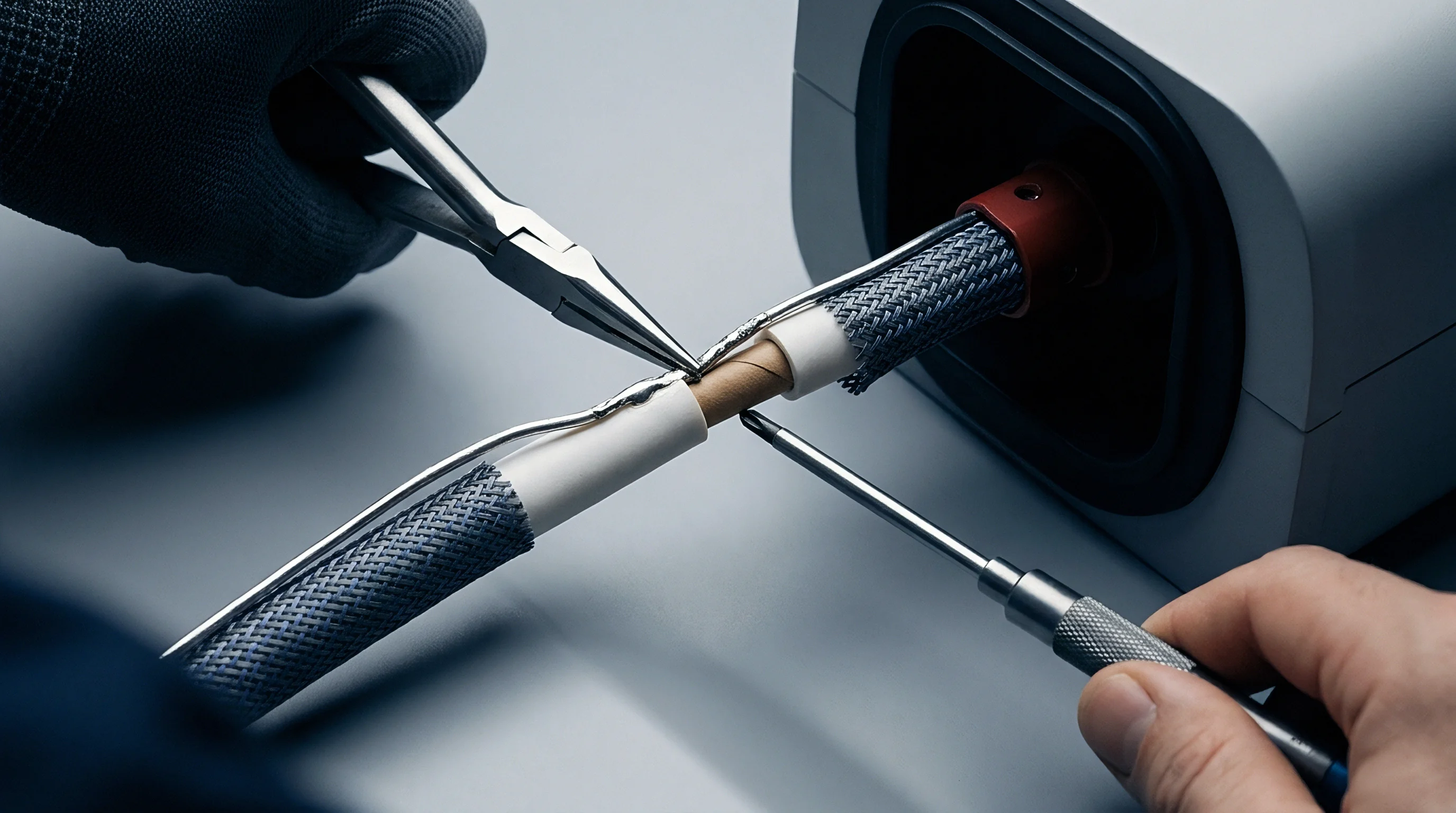 An illustration shows hands using precision pliers and a screwdriver to assemble a shielded multi-conductor cable connected to an electronic sensor housing.