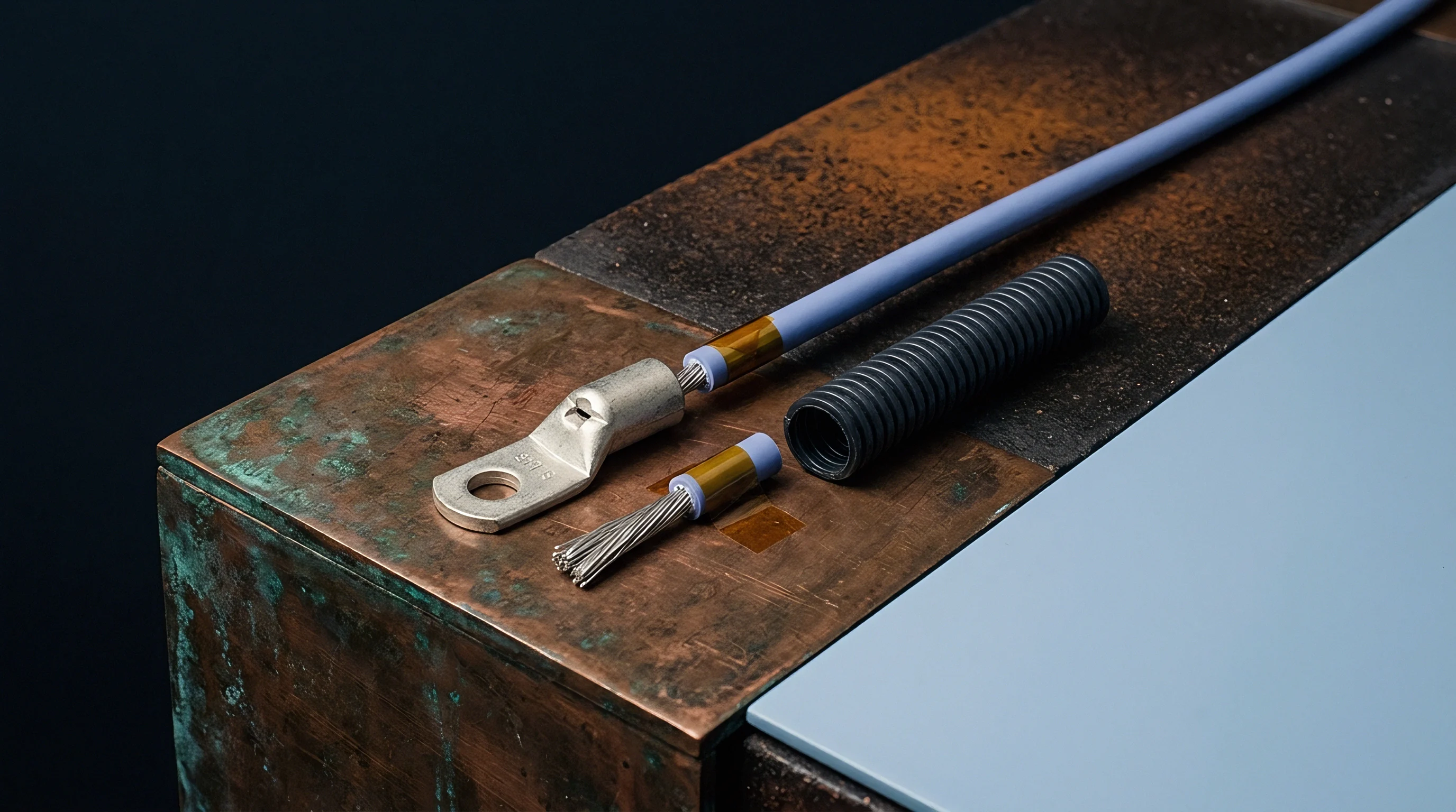 Stripped insulated copper wire, a metal terminal lug, and a corrugated conduit rest on an oxidized metal workbench during assembly.
