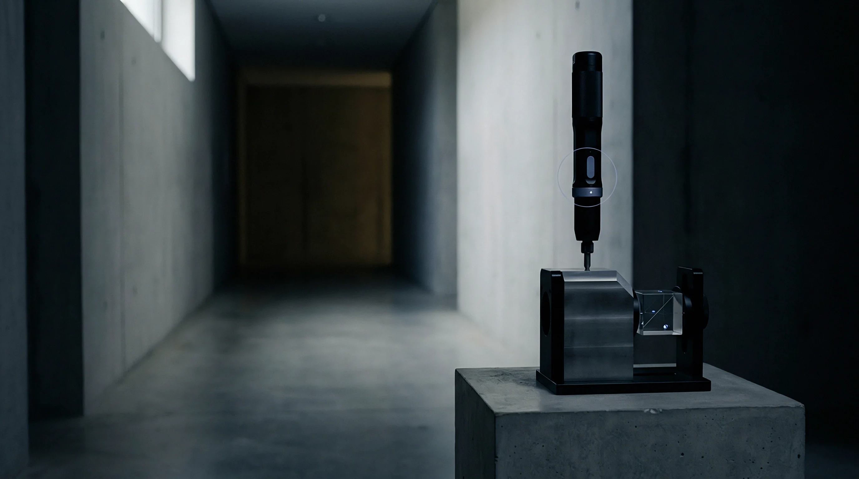 A black electronic probe rests vertically upon a machined metal housing containing a cubic optical prism within a sparse concrete hallway environment.