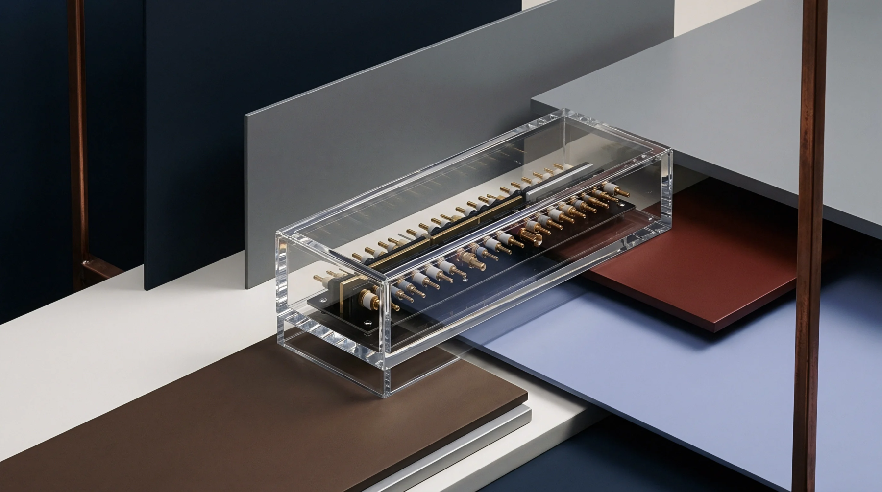 A precision electronic calibration module rests inside a clear acrylic housing positioned upon a minimalist modular studio backdrop of colored panels.