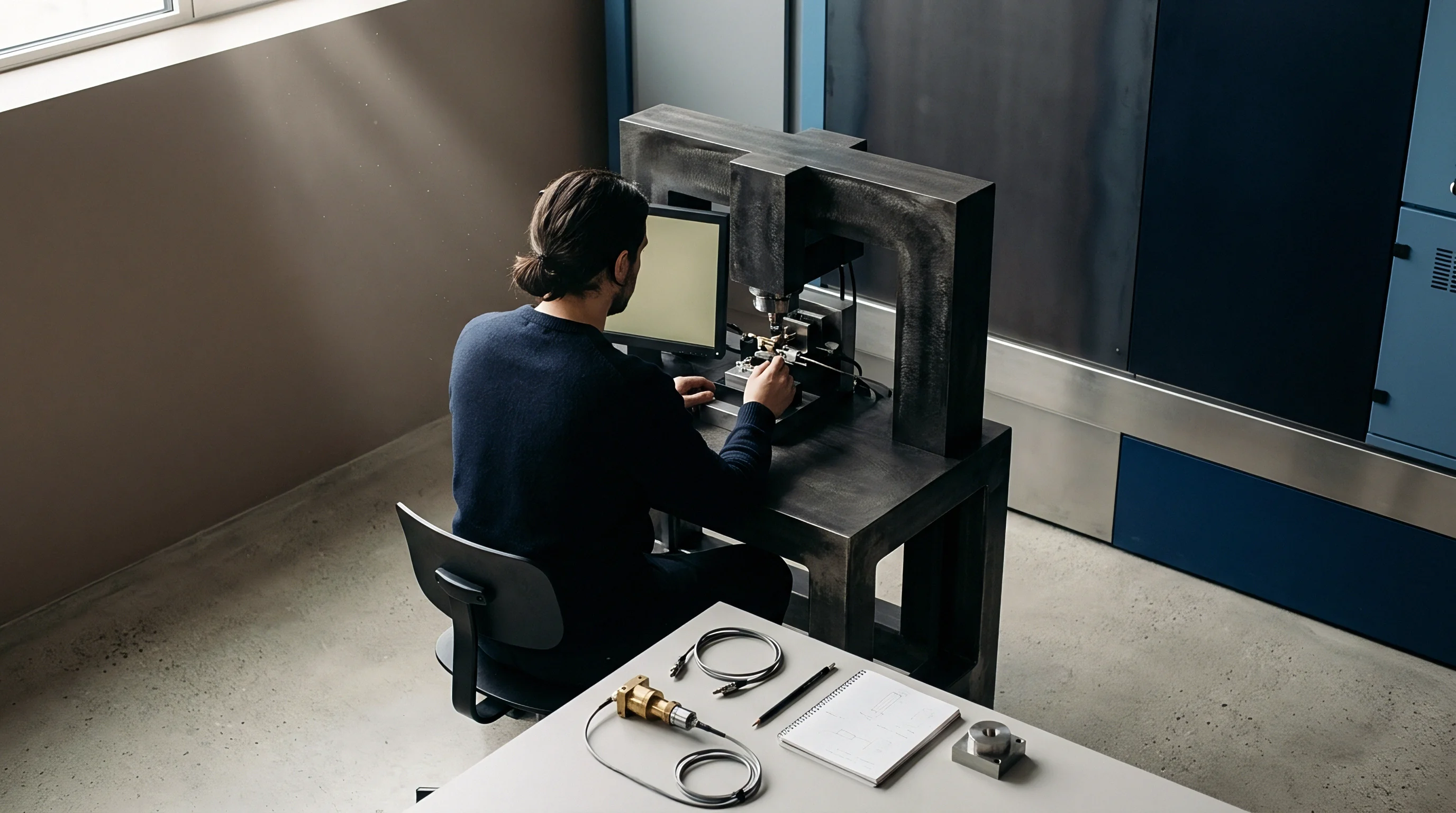 An industrial technician sits at a metal workstation using an optical measurement instrument while monitoring live numerical data results on a digital screen.