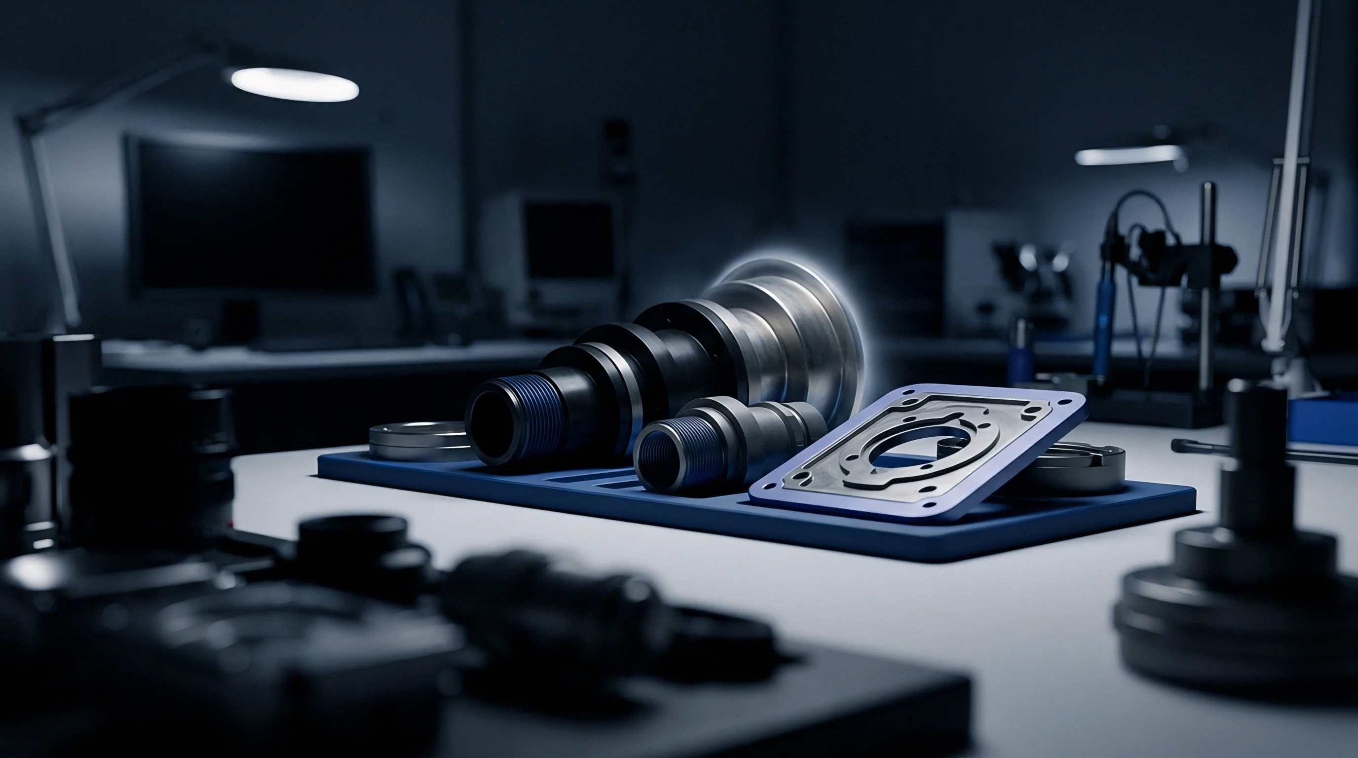 A digital render displays machined metal threaded cylinders and a square flanged plate resting on a blue alignment fixture inside a metrology laboratory.