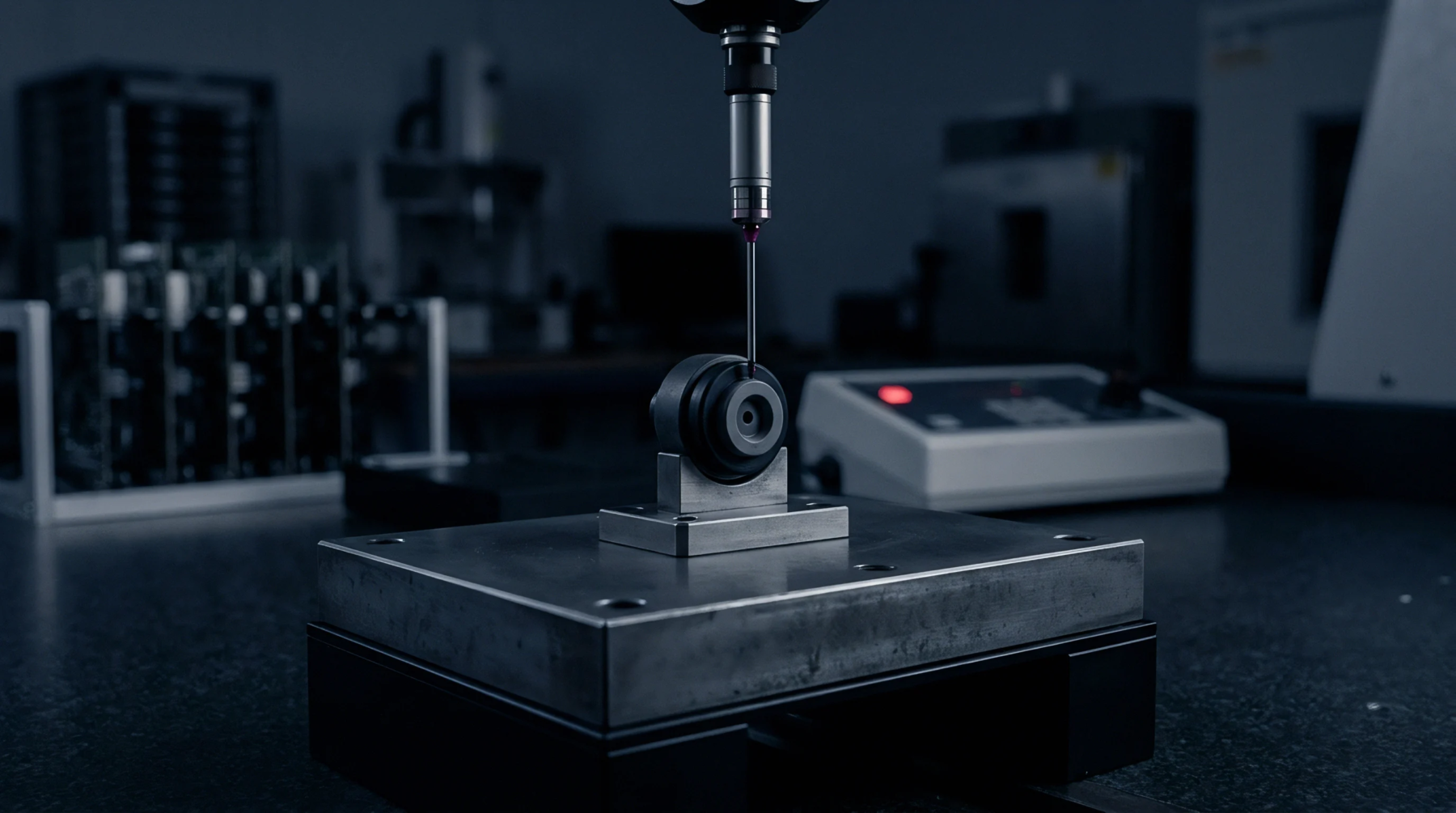 A touch trigger probe mounted on a coordinate measuring machine contacts a machined metallic component secured on a granite surface plate.