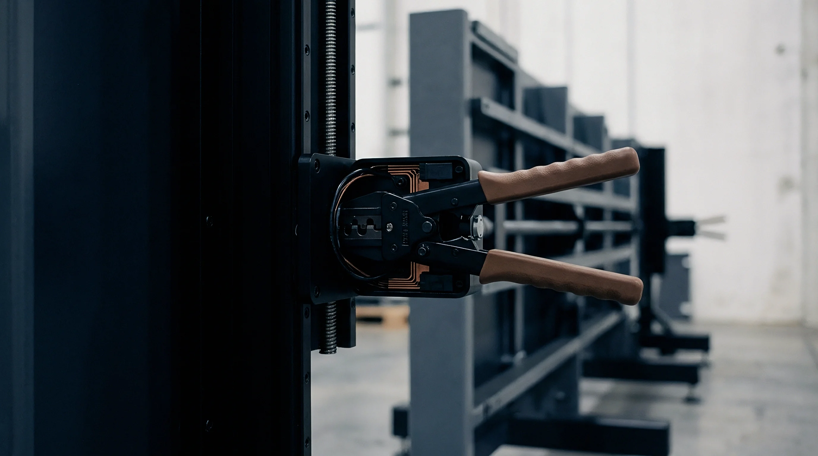 A black precision crimping or connecting tool is mounted on an automated assembly mechanism within an industrial electronics production facility.