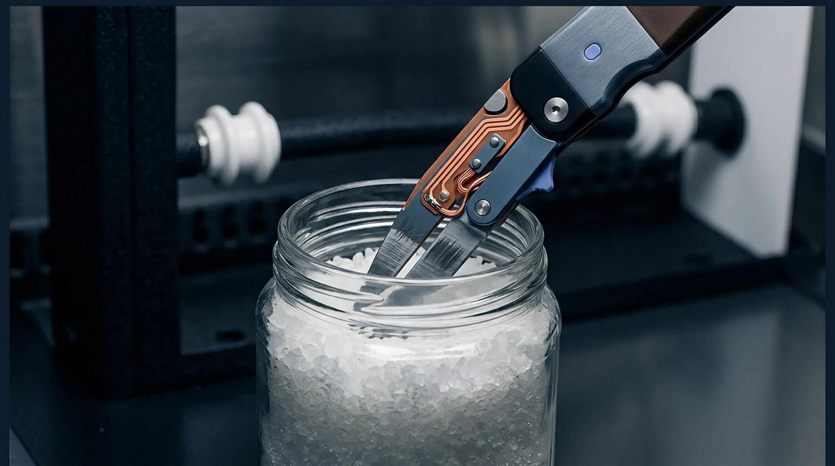 An intricate electronic probe samples granular white crystalline material from a glass container within an industrial laboratory environment for quality control analysis.