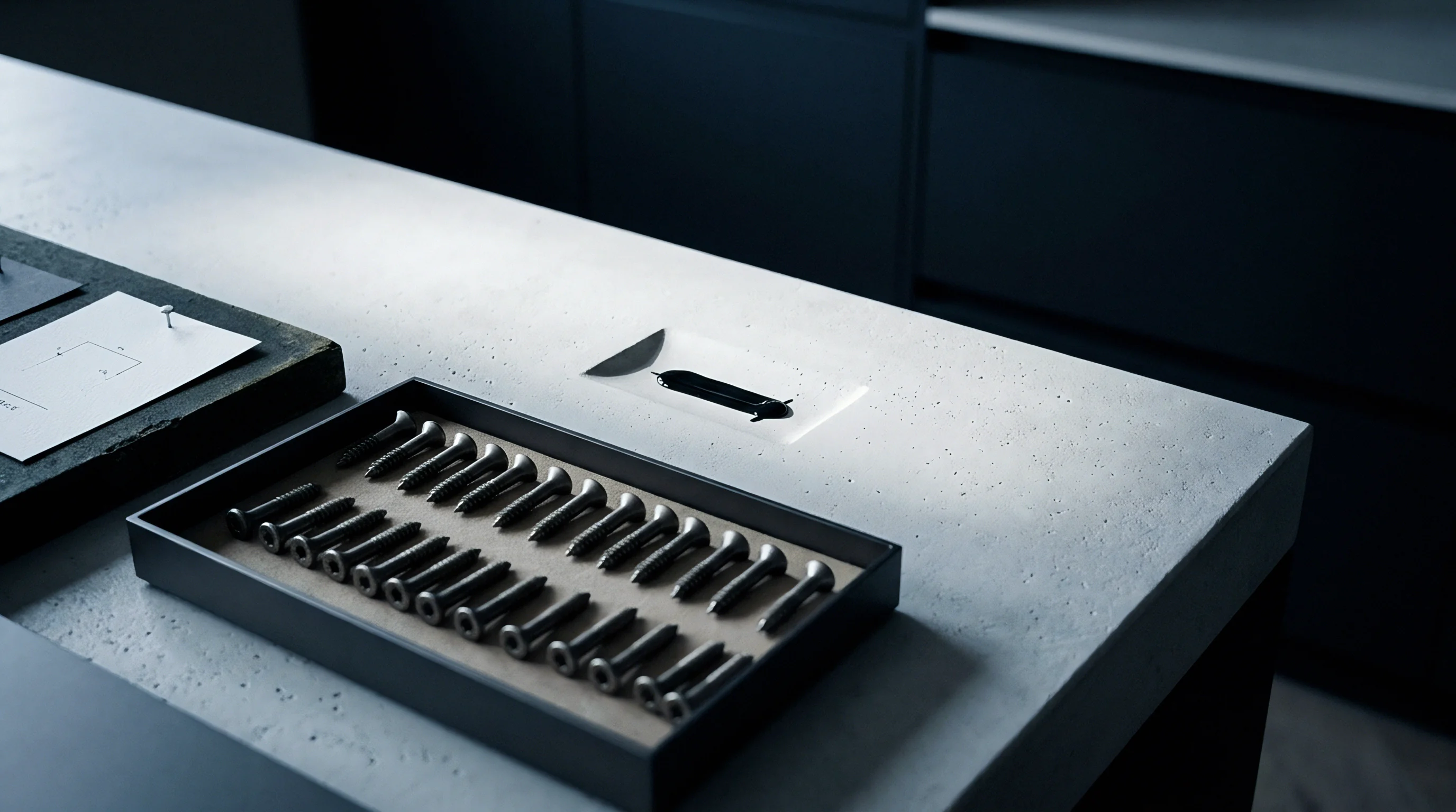 A collection of precise metallic components and a schematic diagram displayed on a textured gray workstation surface alongside a recessed fluidic sensing element.