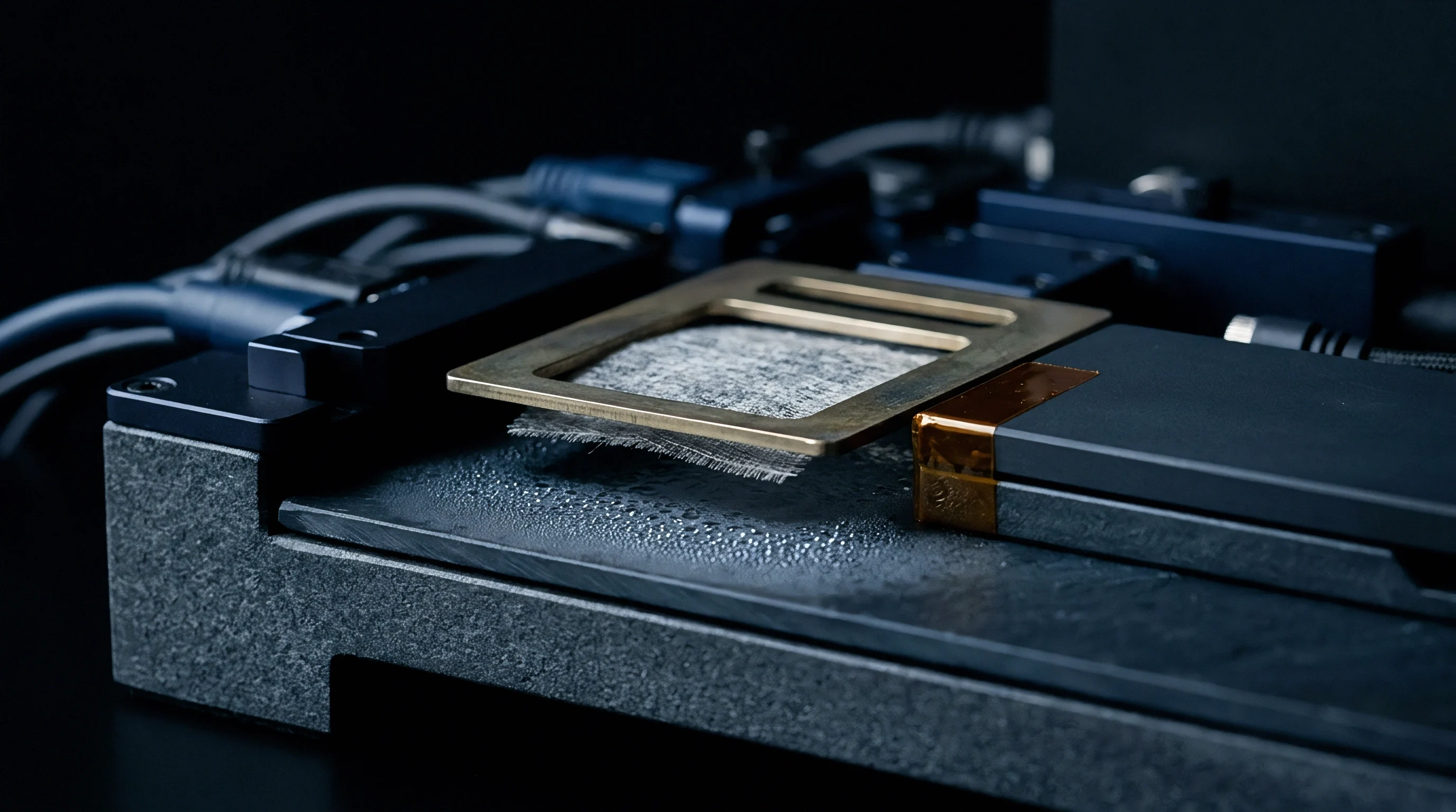 Metallic test fixture holds a fibrous textile sample above a condensation covered dark surface linked directly to precision sensing modules.