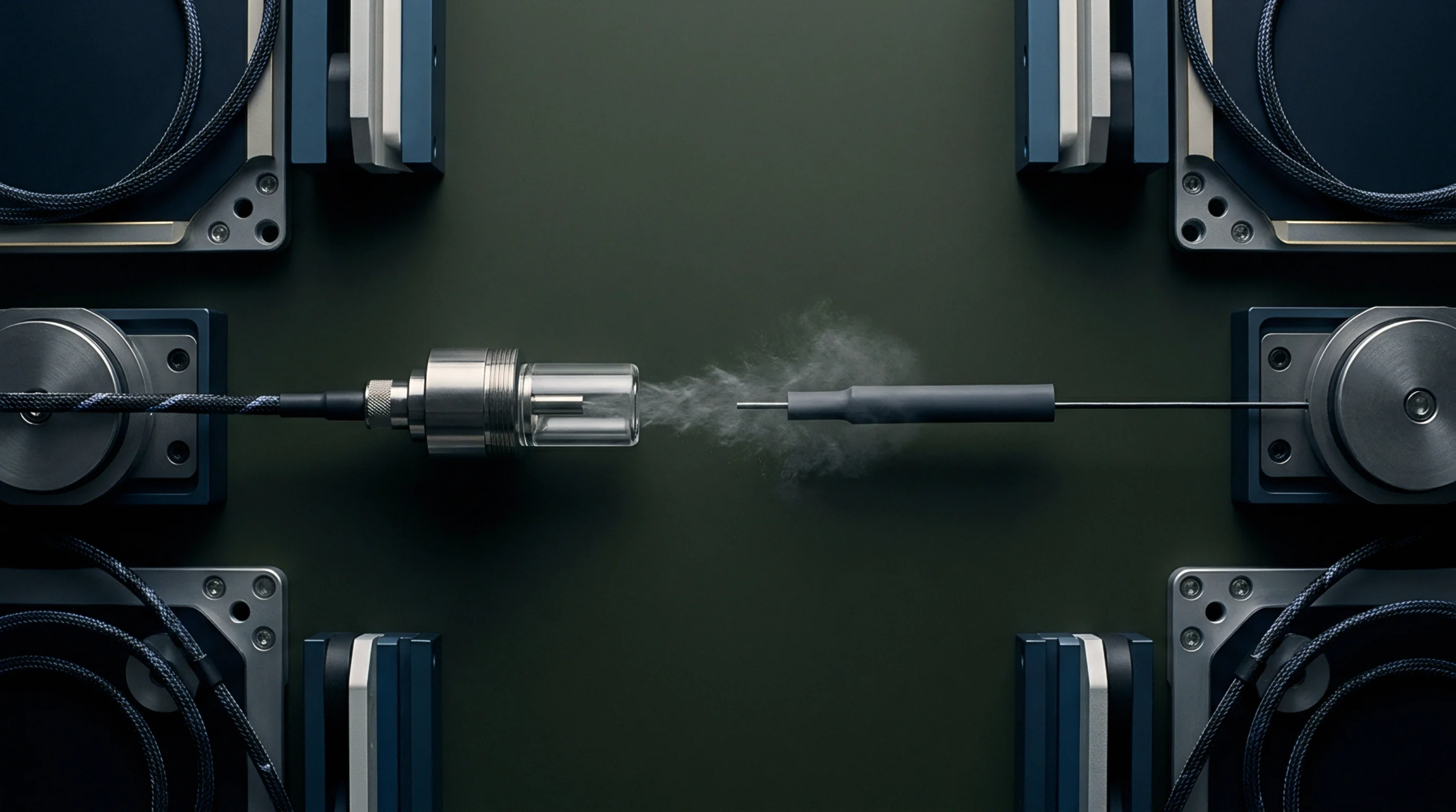A controlled fluidic emission setup featuring interconnected electronic components including a braided cable, metal connector, and glass chamber directs a vapor plume.