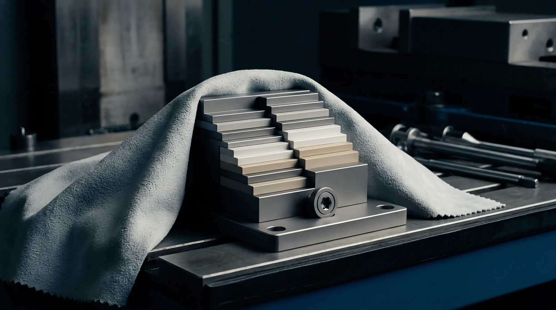 Rectangular gauge blocks of varying materials sit stacked on a precision base plate beneath a microfibre cloth on a metal machine bed.
