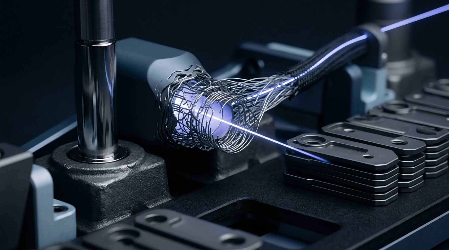 Digital render of metal braided mesh components and optical fiber alignment during precision laser manufacturing on an industrial assembly station.