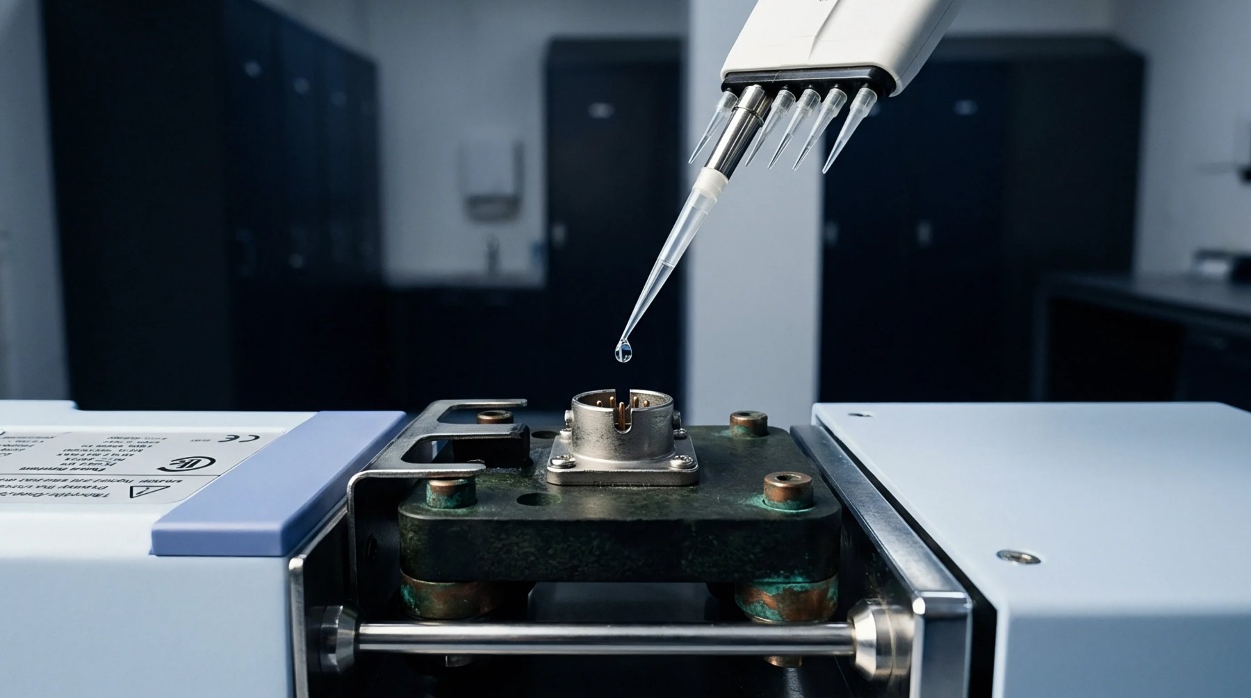 A multichannel pipette precisely dispenses a liquid drop into a metallic connector on automated laboratory equipment for precise analysis.