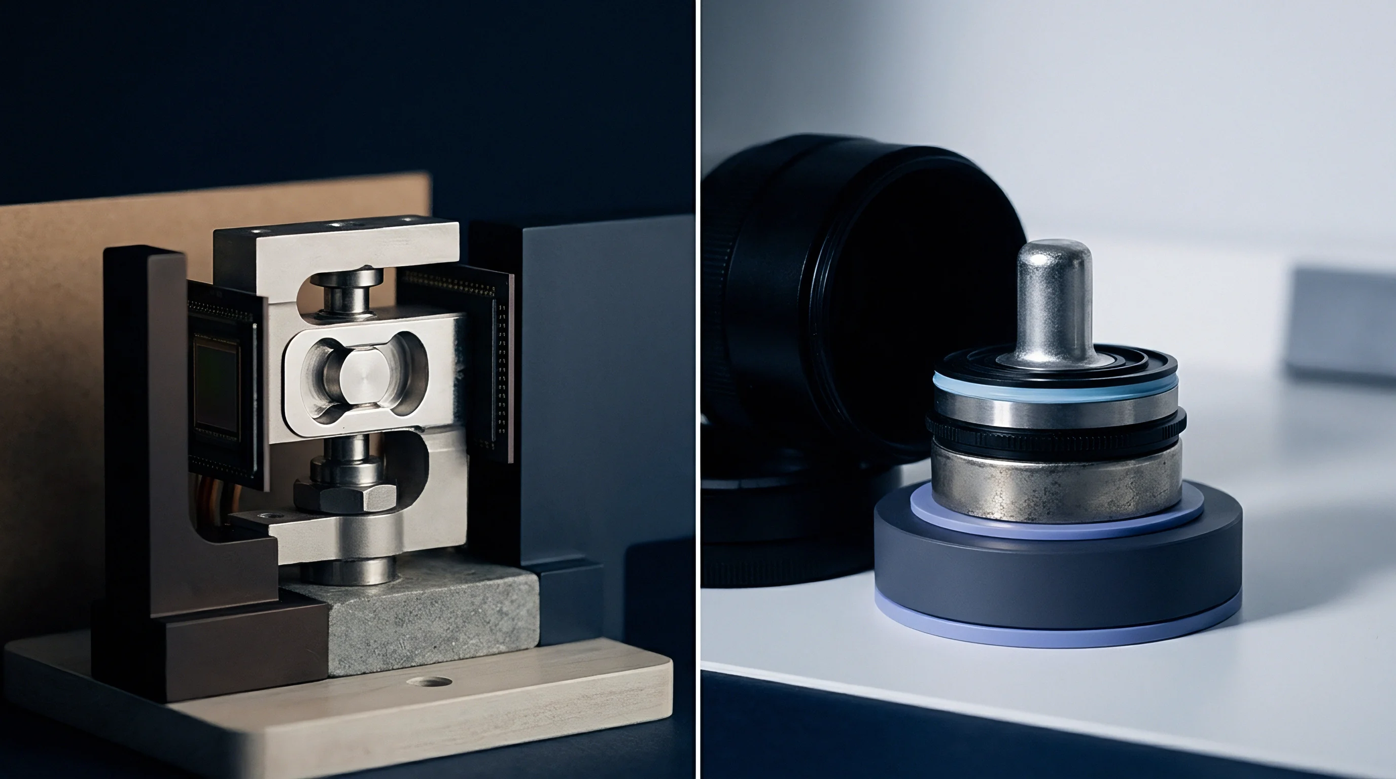 This split image displays a metal force transducer assembly with integrated electronics and a stack of precision sensor components with seals.