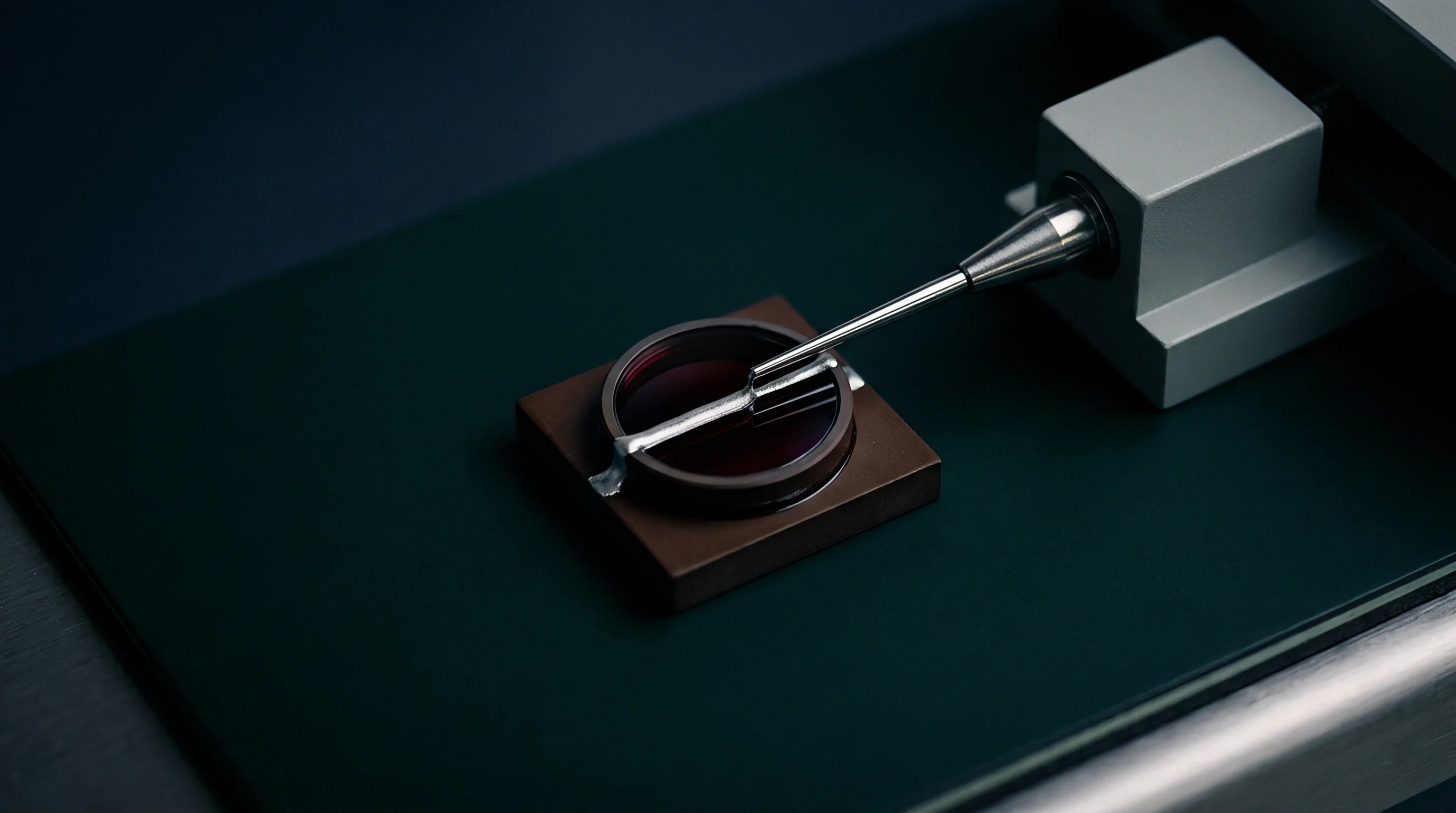 A metallic measurement probe rests inside a dark sample cell mounted on a flat green workbench during analytical testing.