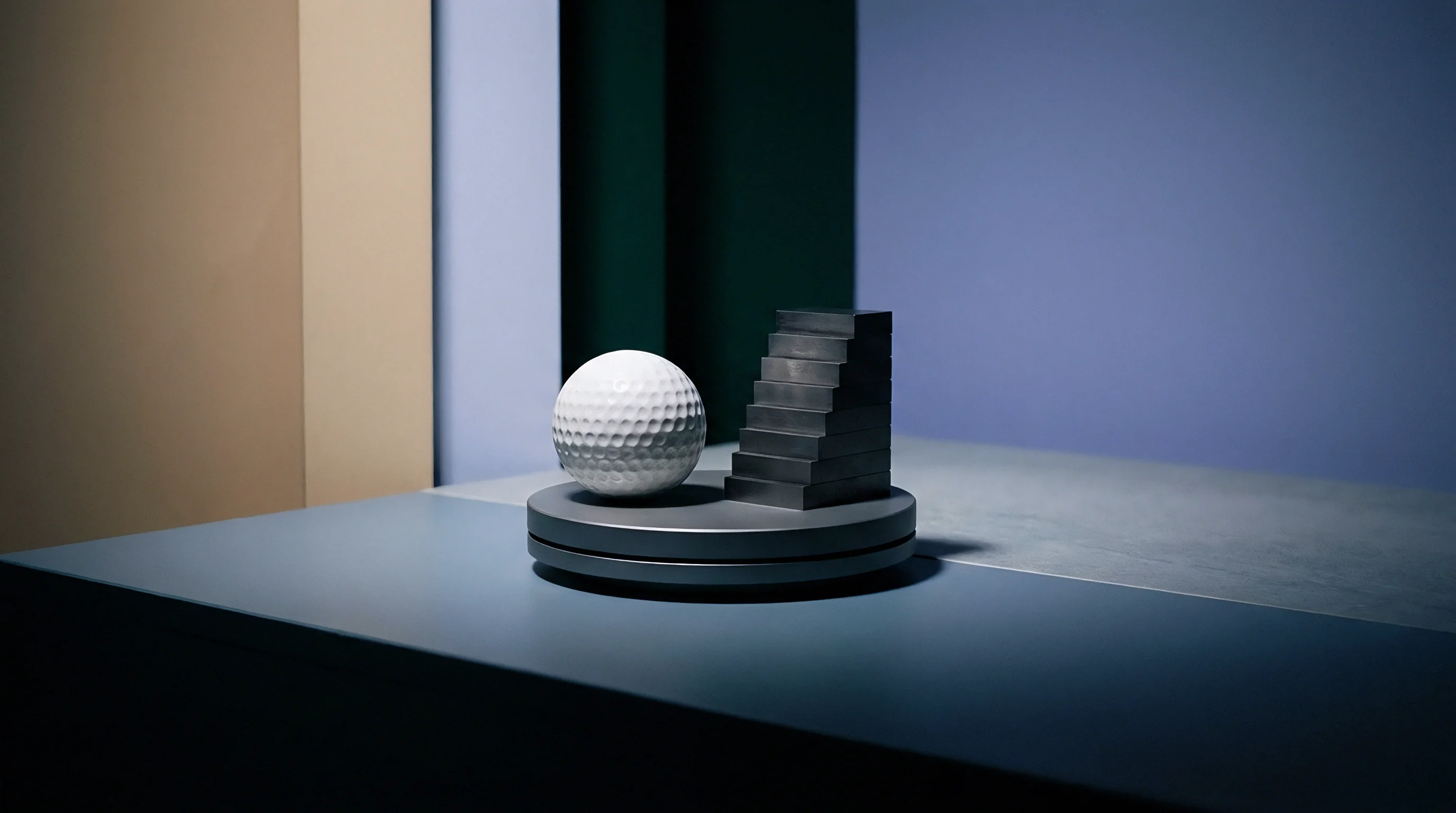 A ceramic reference sphere and stacked metal gauge blocks rest upon a circular metallic stage positioned inside a geometric laboratory test environment.
