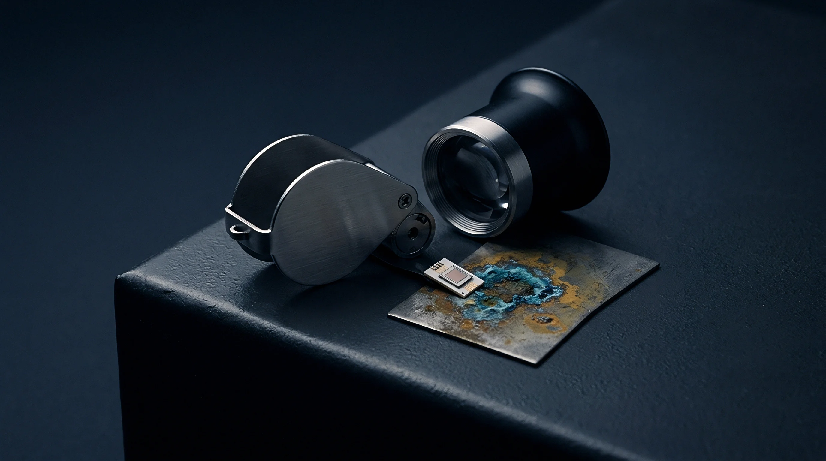 Two optical loupes lie beside a flexible circuit holding a tiny sensing component on a corroded metal substrate.