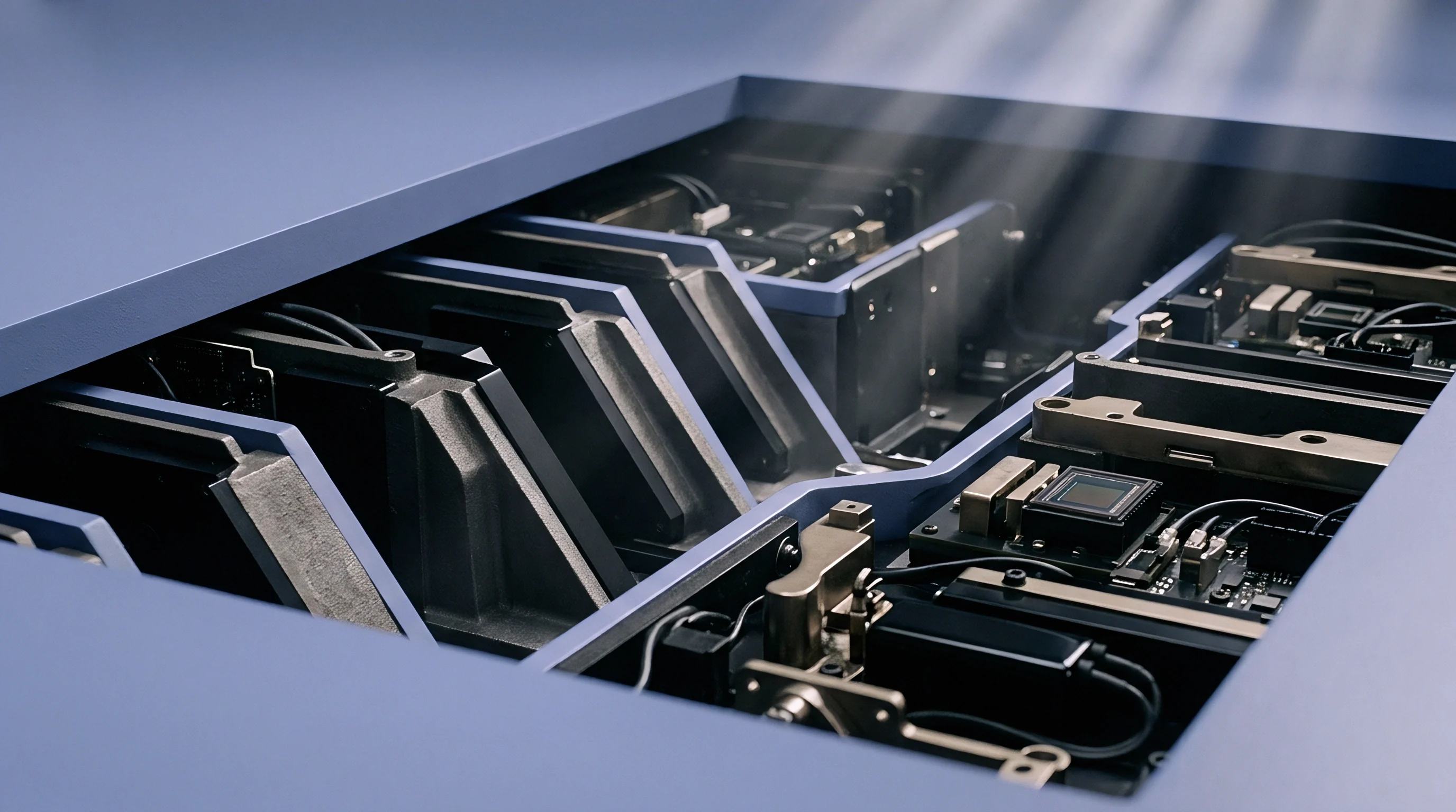 This intricate assembly features multiple optical sensor modules alongside dark, angled baffles designed to manage light within a precision instrument.