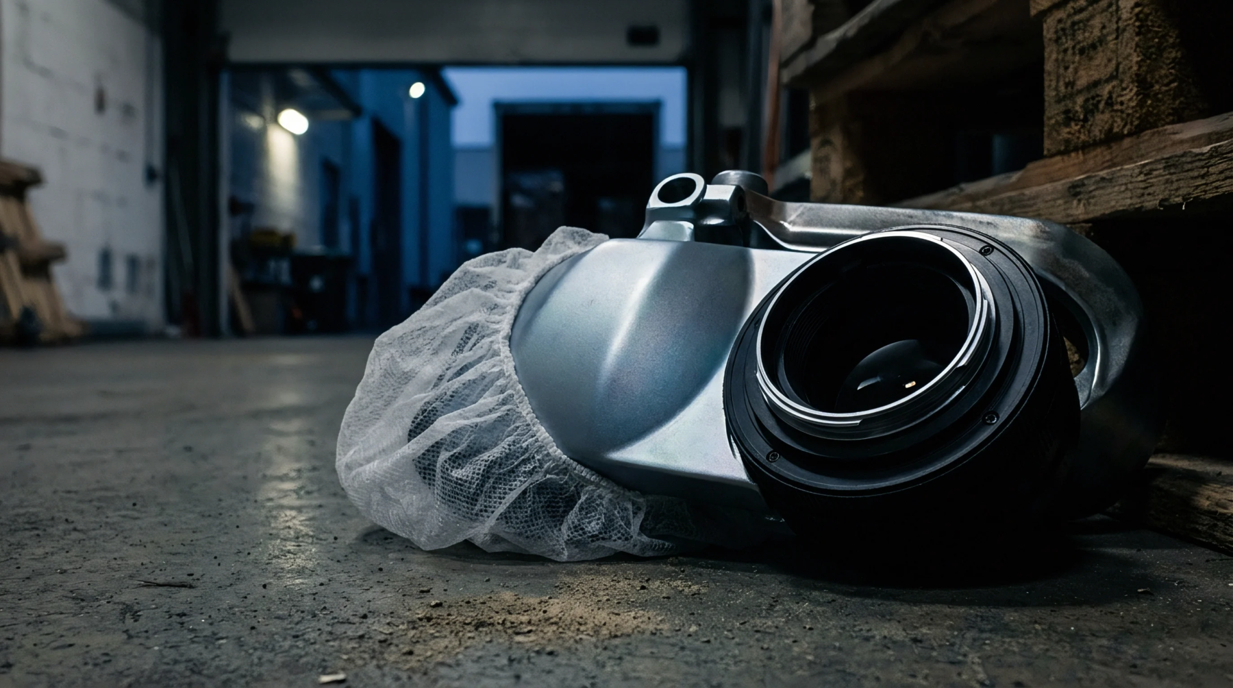 Machined aluminum optical sensor assembly featuring protective mesh and integrated lens rests on a concrete industrial facility floor.