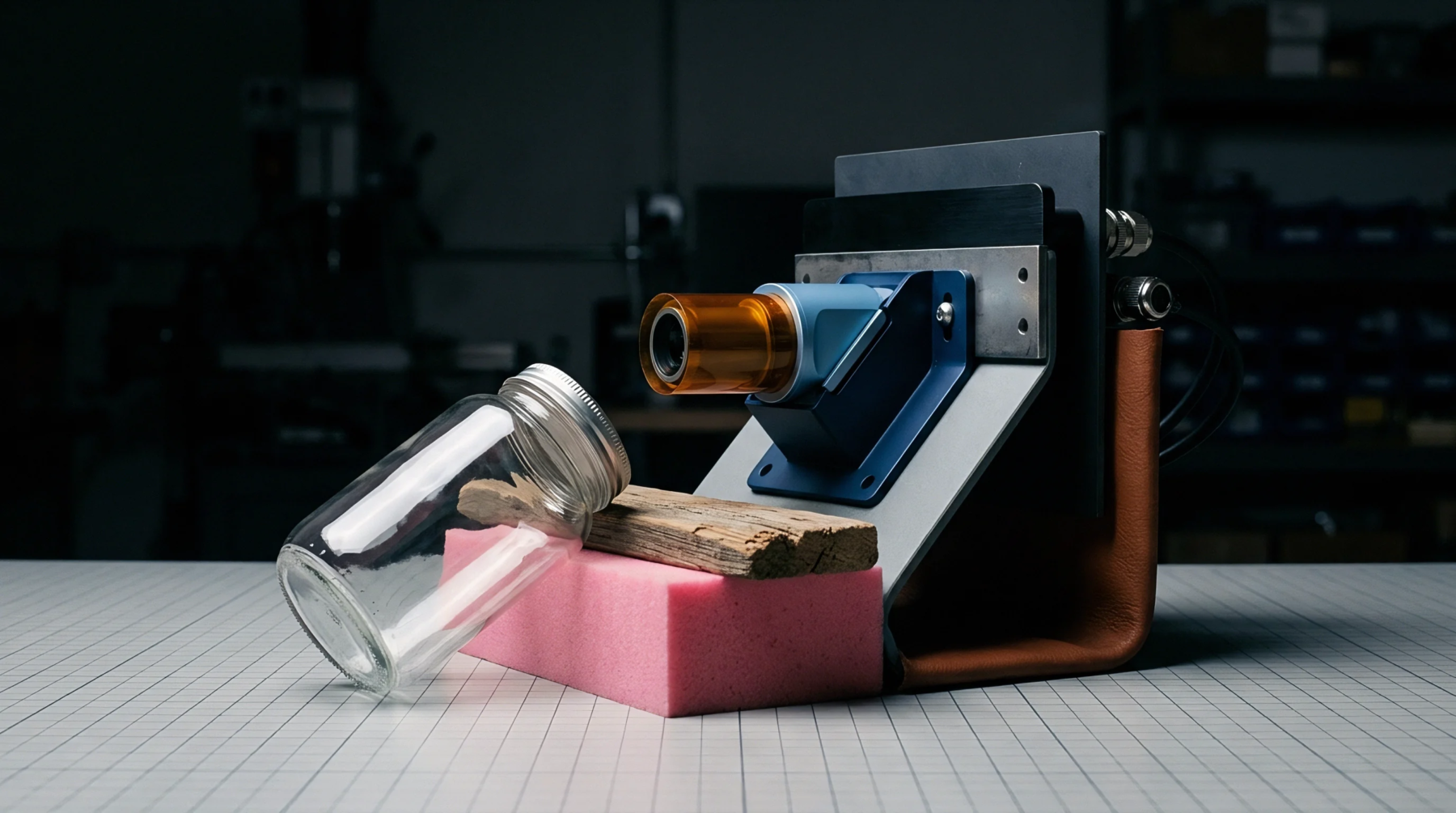 Industrial optical sensor unit with an orange filter is mounted on an adjustable bracket above a glass jar test sample upon a workbench.