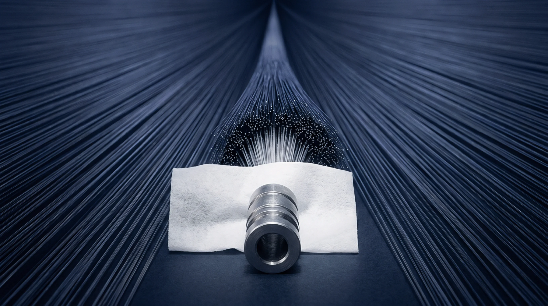 A machined steel ferrule sits on a cleanroom cloth before a radiating array of glass fiber optic filaments in an assembly station.