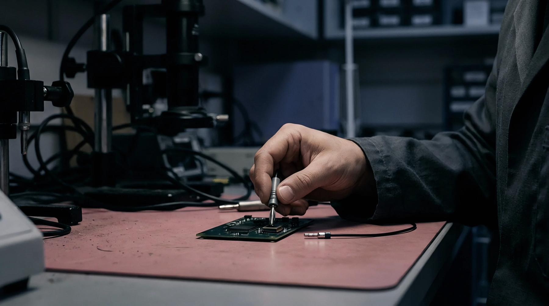 An operator tests surface mount components on a green printed circuit board using a precision probe inside an electronics laboratory.
