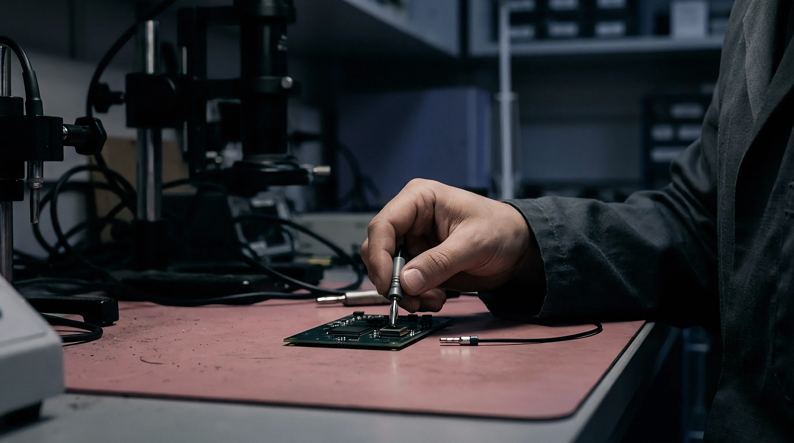 An operator tests surface mount components on a green printed circuit board using a precision probe inside an electronics laboratory.