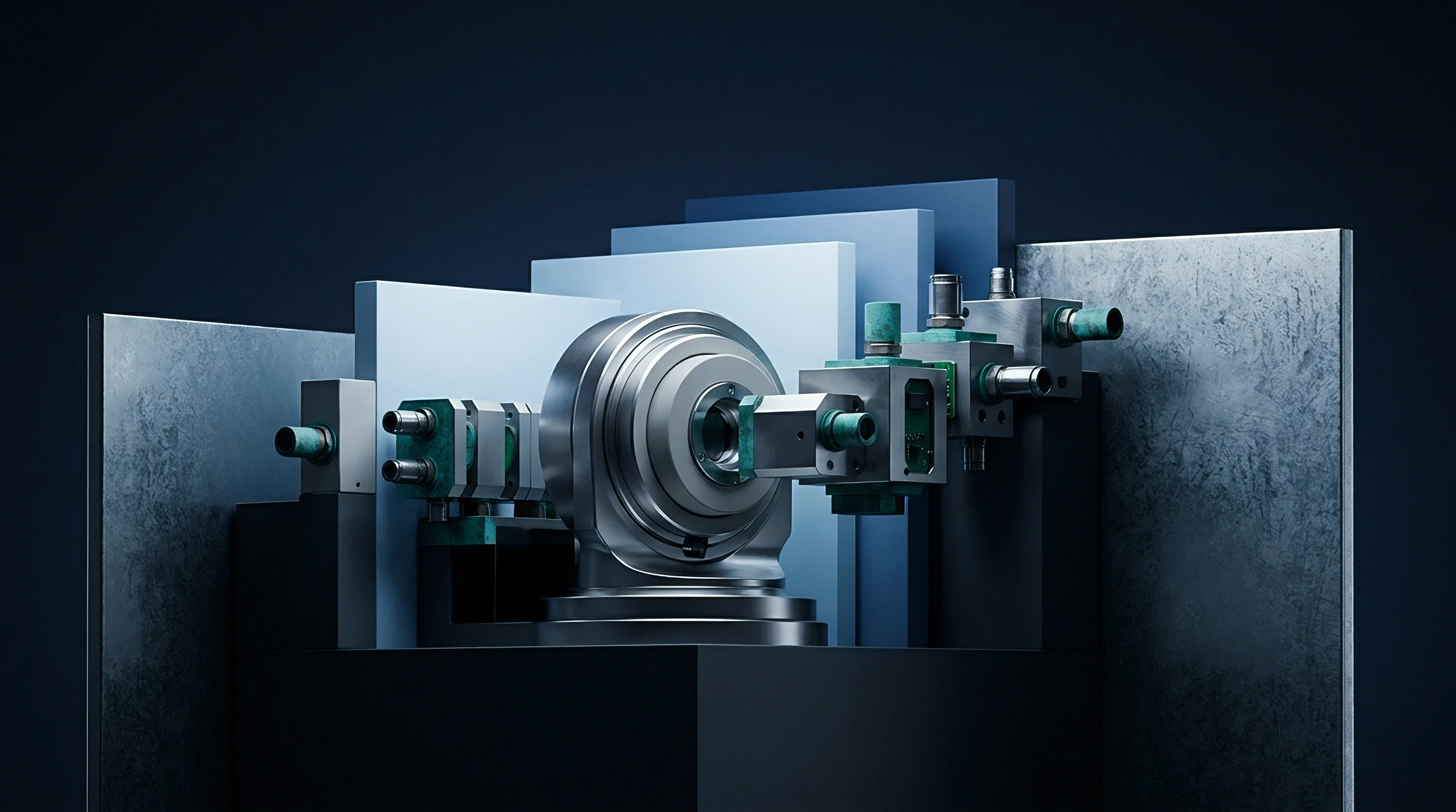 Metallic sensor modules and fluidic connections mount to a central rotary assembly against layered blue planes in a 3D render.