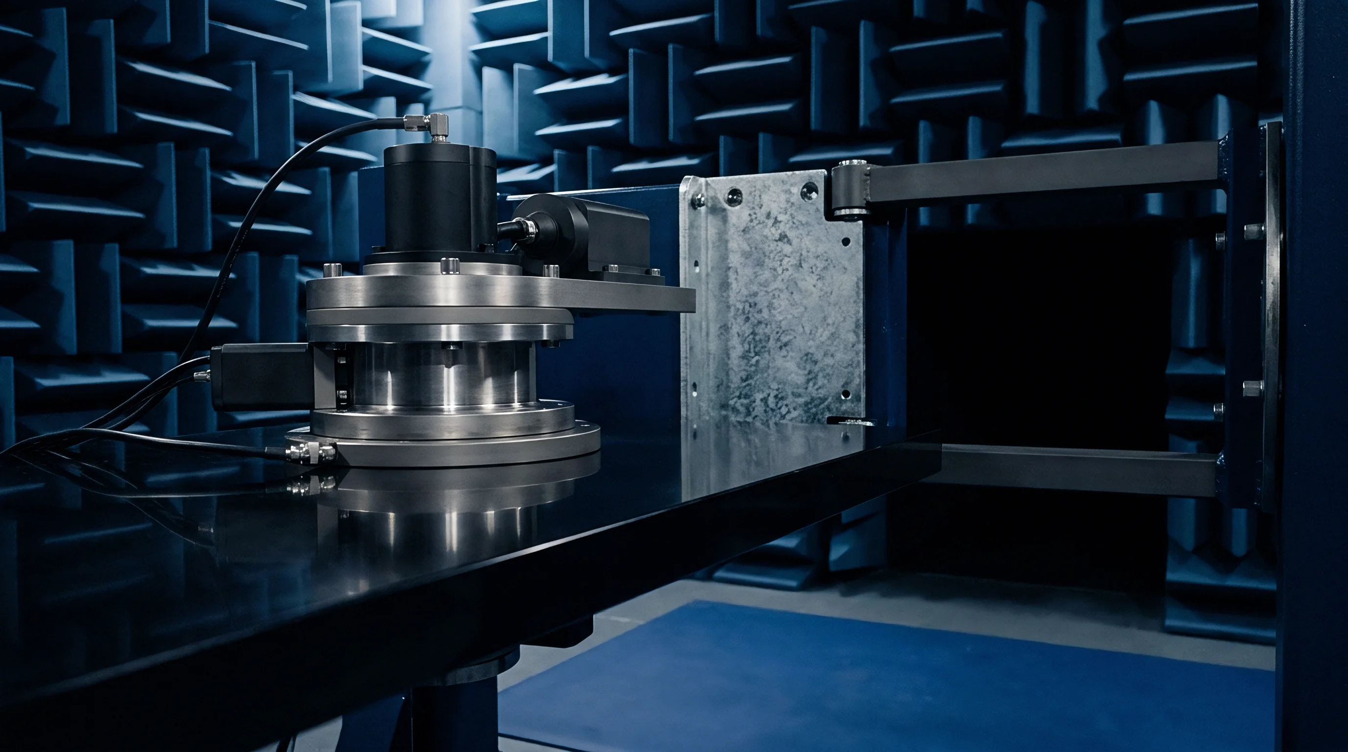 Precision metallic rotary actuator mounted on a dark test table inside an acoustically isolated wedge lined chamber.