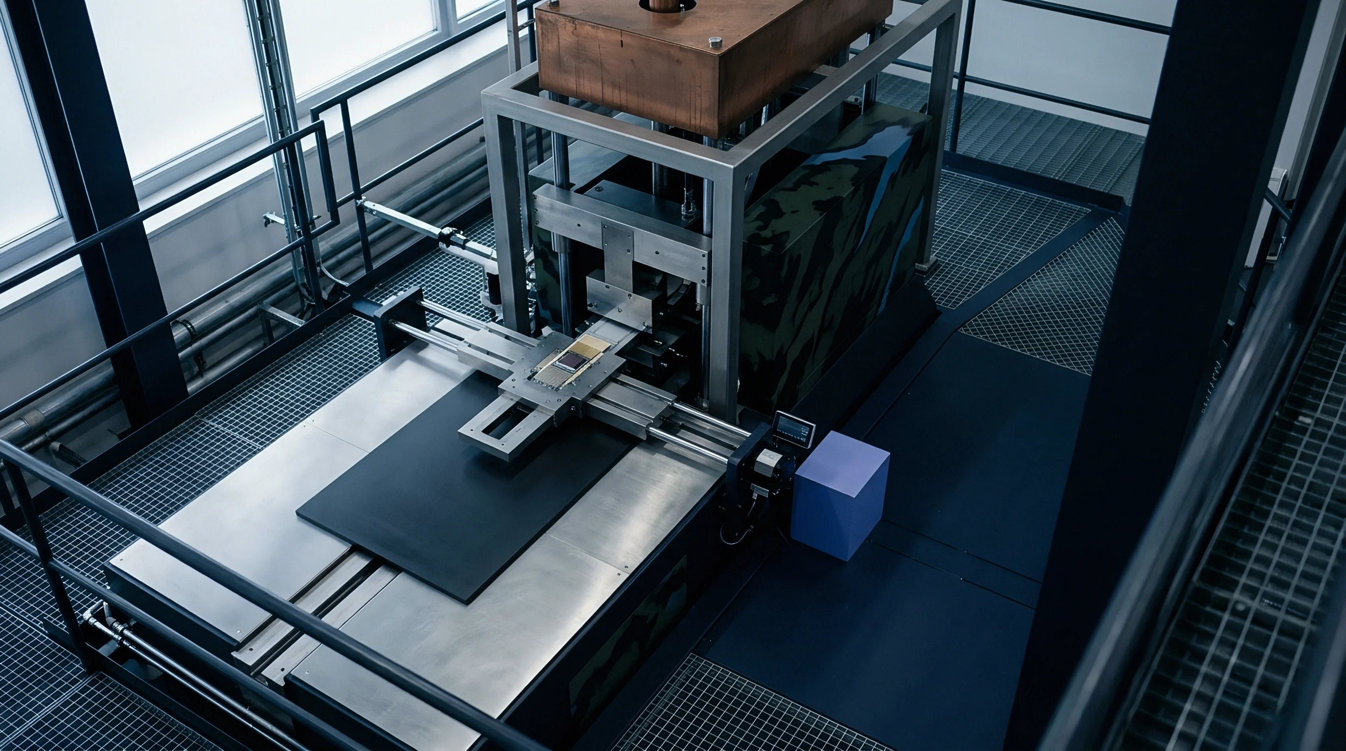 A precision mechanical testing rig with automated positioning stages operates inside a clean industrial metrology laboratory setting.
