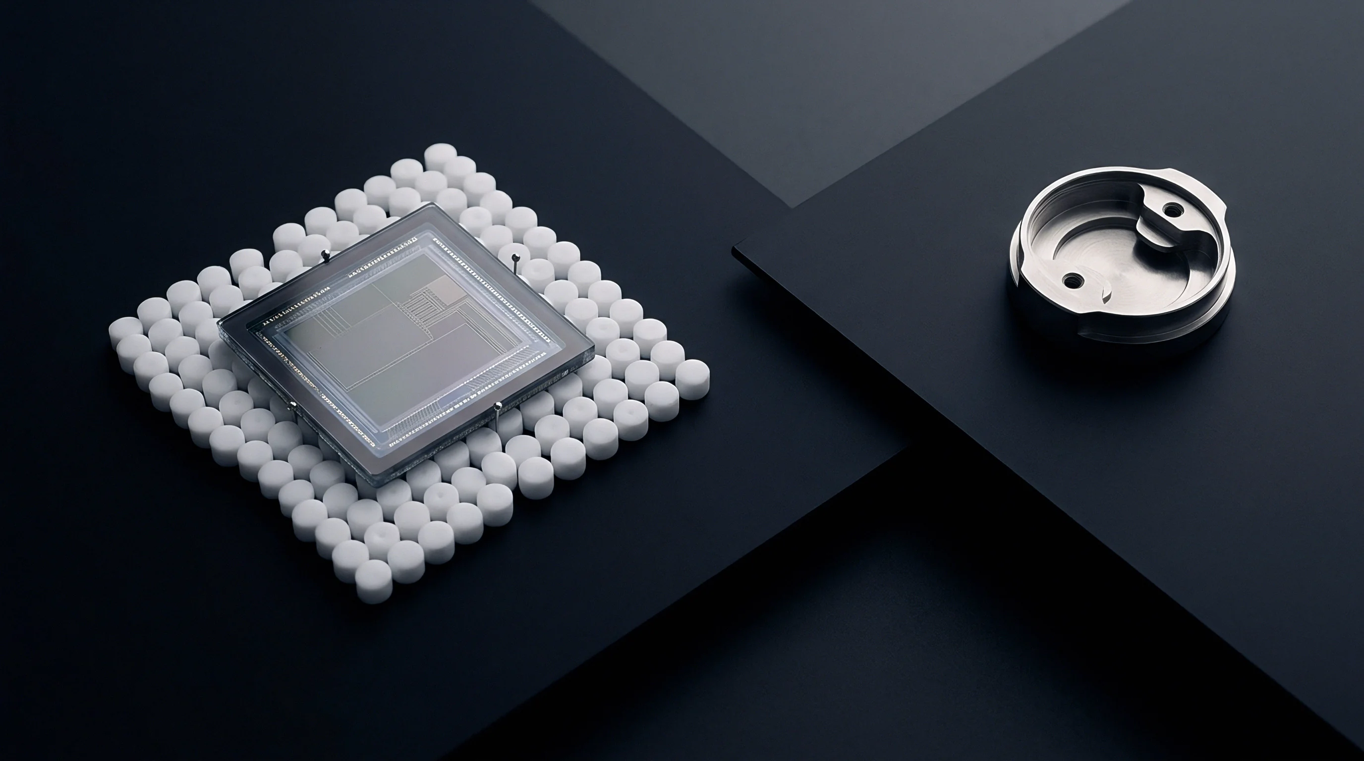 A digital render presents a square semiconductor sensor component resting upon an array of white polymer alignment pins beside a machined metal housing.