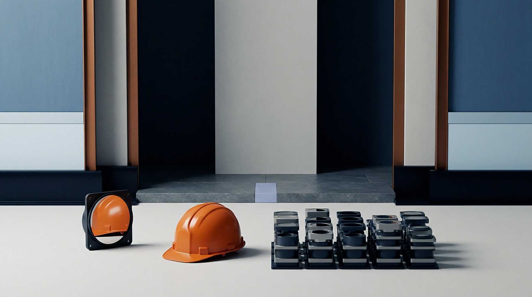 A digital illustration displays an orange safety helmet beside organized groups of industrial modular housings on a flat light surface.