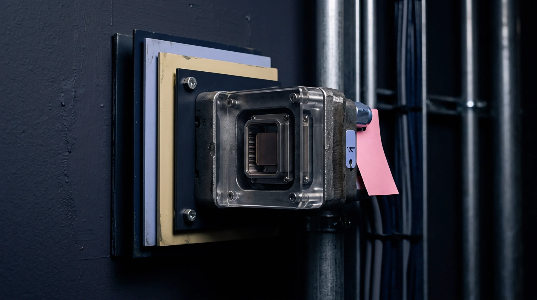 Industrial sensor housing with transparent protective cover bolts securely to layered mounting plates affixed beside metallic conduit runs on a dark vertical surface.