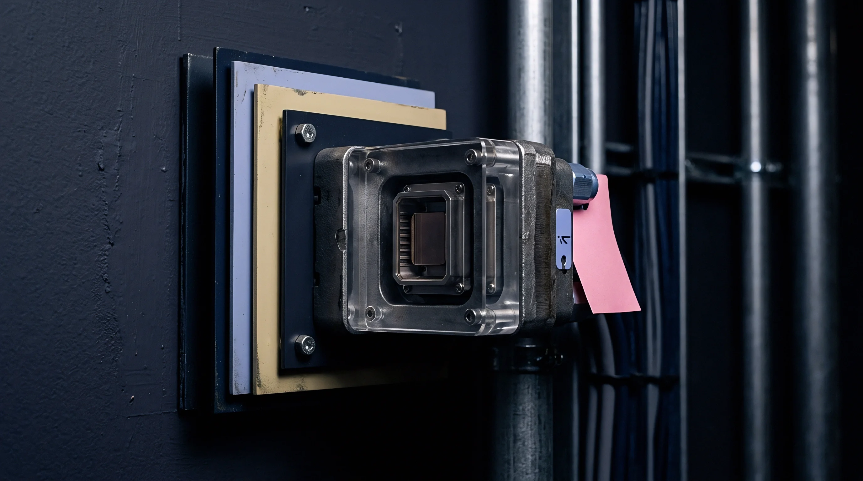 Industrial sensor housing with transparent protective cover bolts securely to layered mounting plates affixed beside metallic conduit runs on a dark vertical surface.