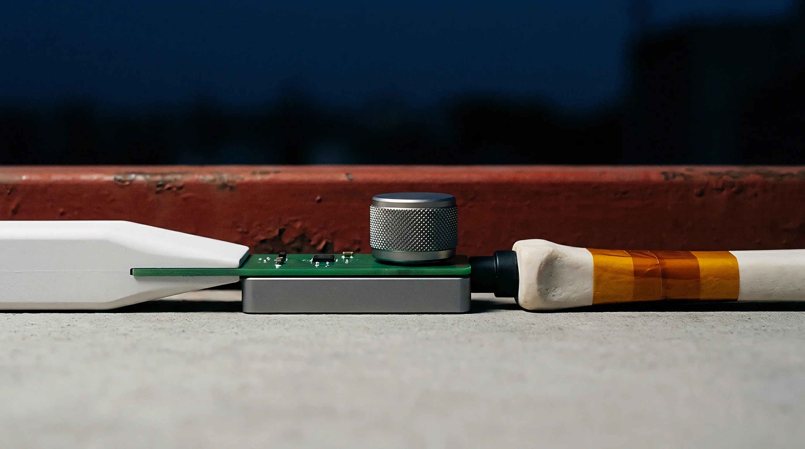 A green printed circuit board with an aluminum knurled knob rests on a metal base between white plastic and composite fittings.