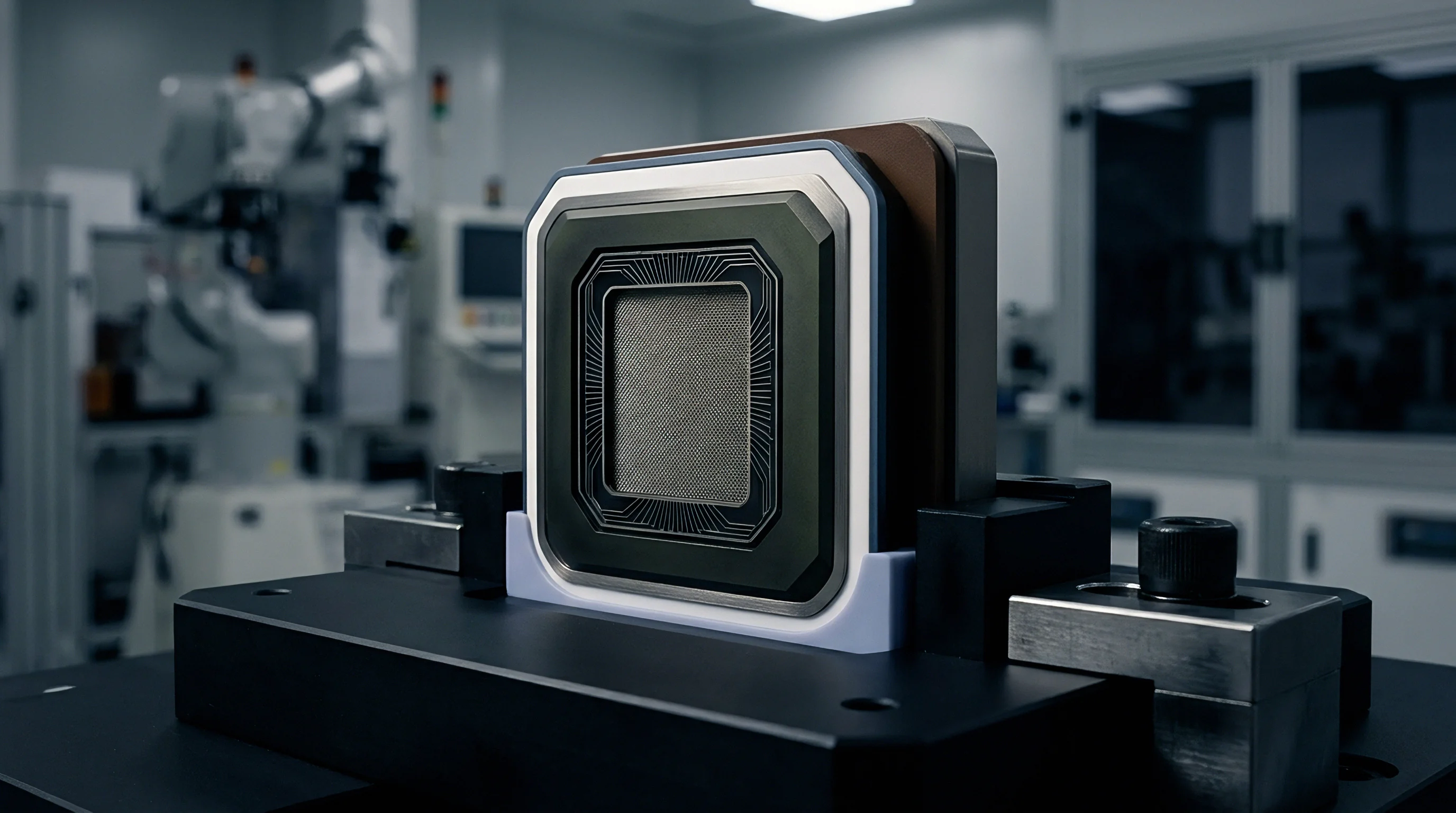 A complex silicon sensor module rests securely in a white alignment cradle on a black industrial testing fixture within a cleanroom facility.