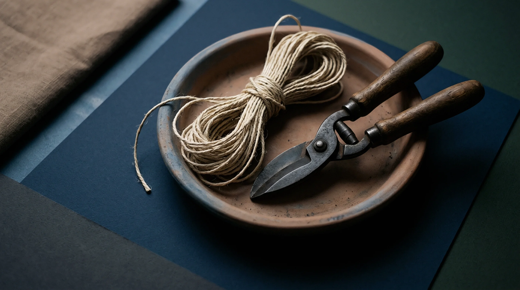 Production line preparation materials including metallic cutting tools fibrous binding cord and woven textiles arranged inside a ceramic vessel.