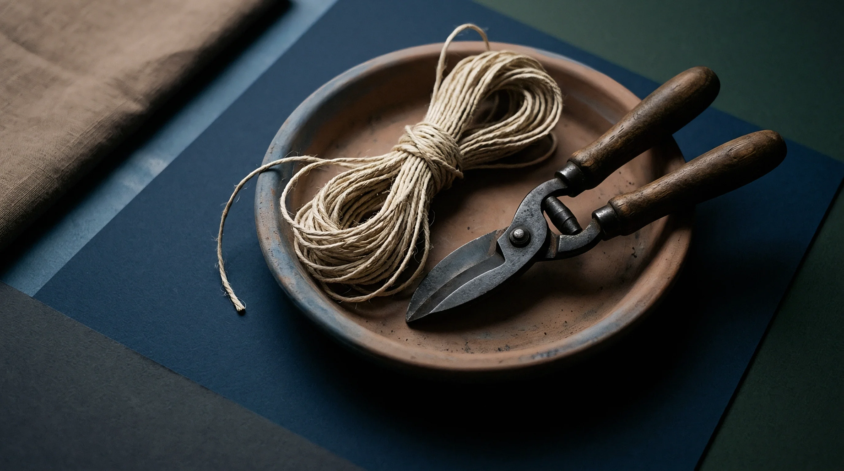 Production line preparation materials including metallic cutting tools fibrous binding cord and woven textiles arranged inside a ceramic vessel.