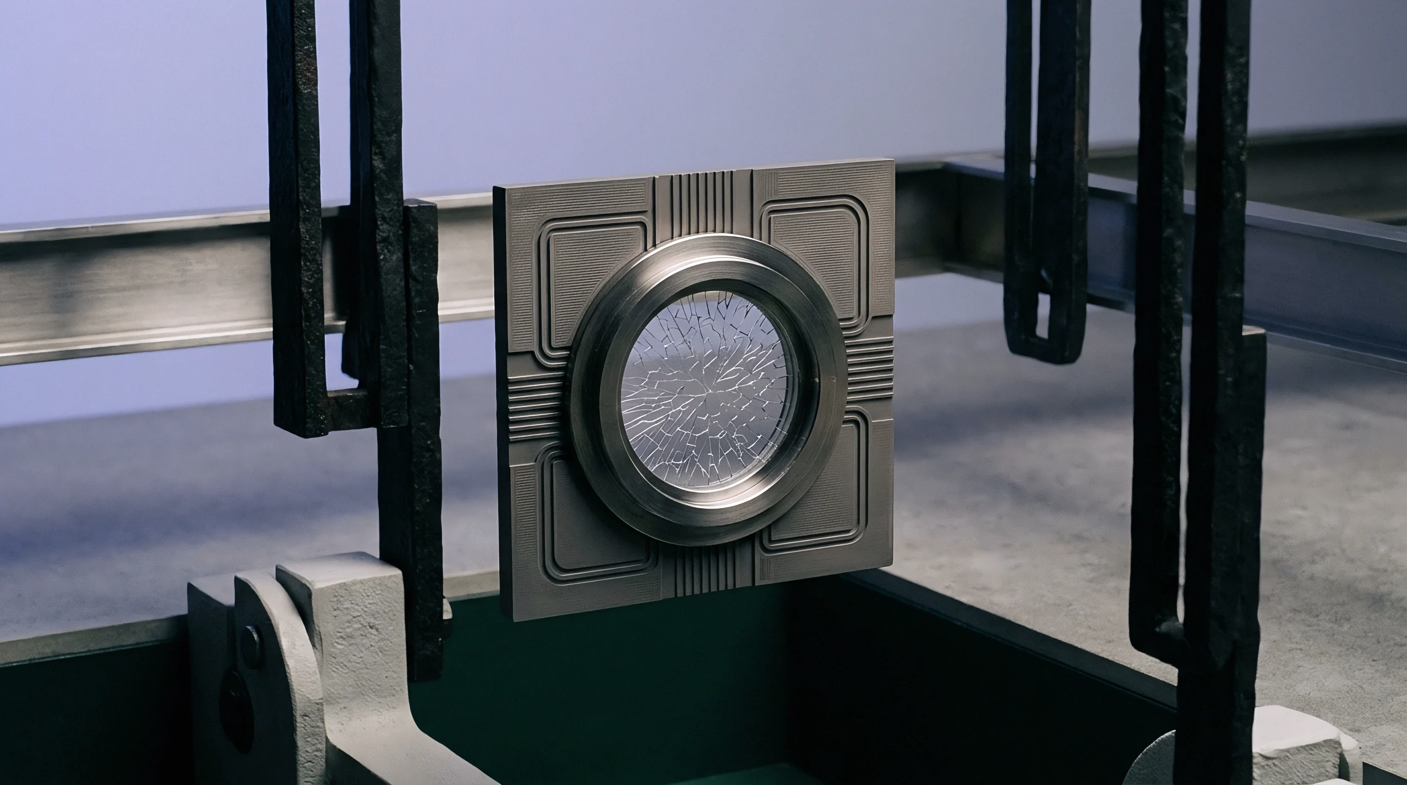 A metallic structural housing unit featuring a shattered glass circular aperture is mounted inside an industrial testing rig.