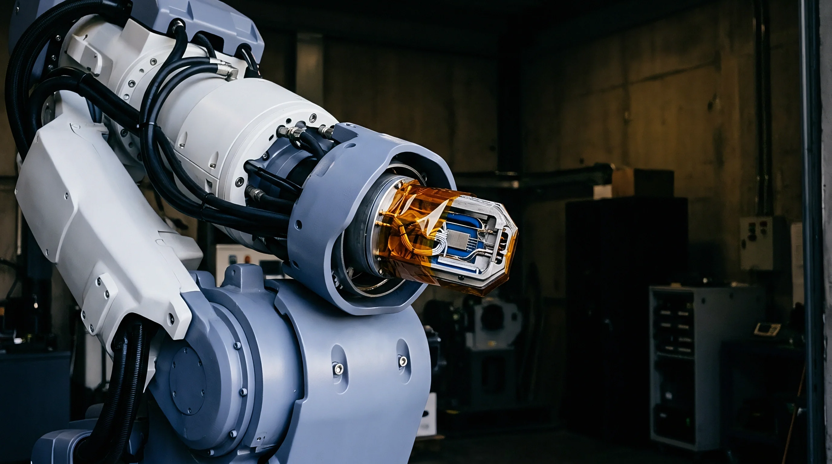 An industrial robotic arm holds a specialized sensor component wrapped in polyimide tape within a clean laboratory facility.