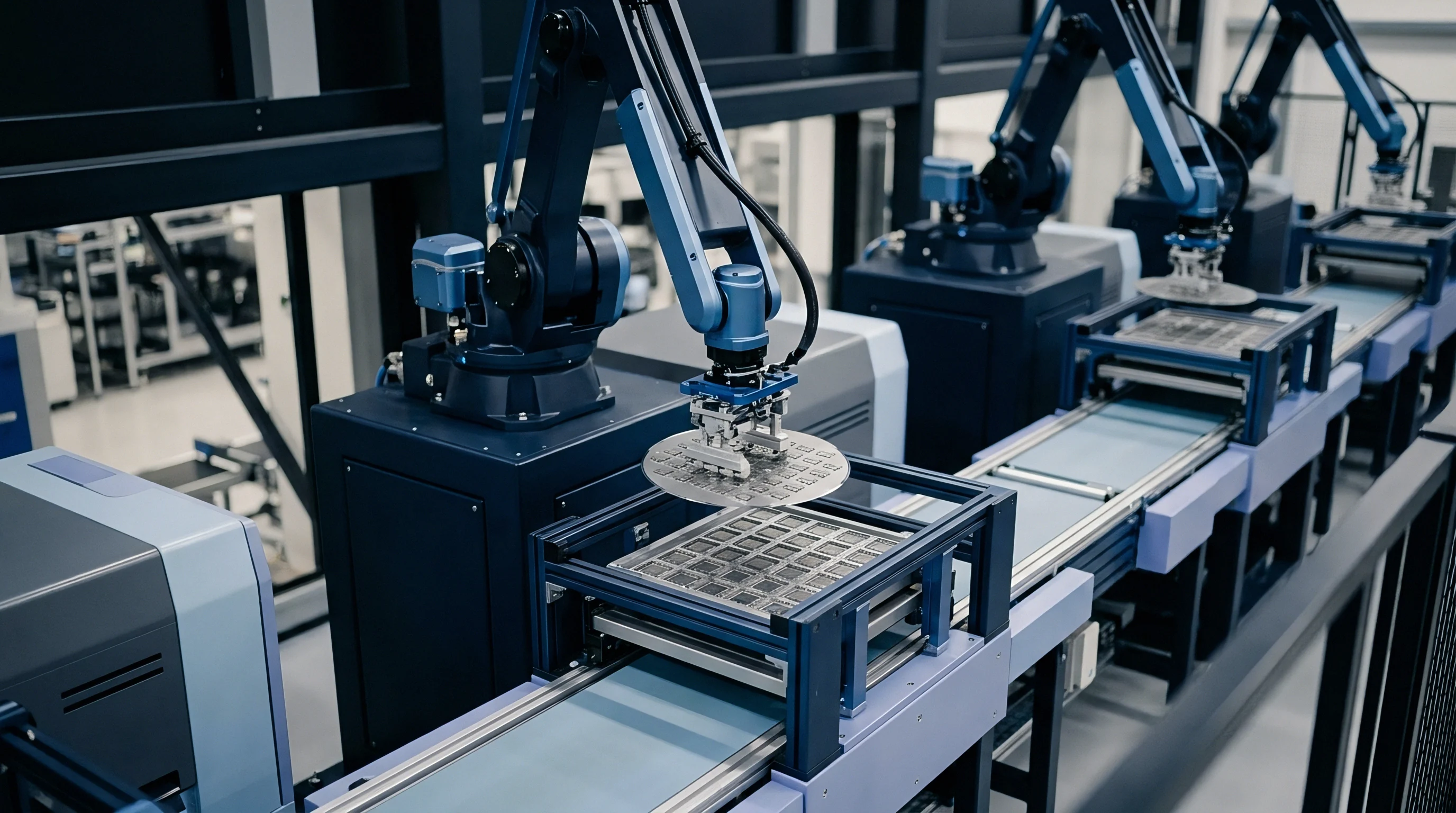 Multiple robotic arms manipulate silicon wafers on a linear conveyor system within a bright and structured microelectronics fabrication facility.