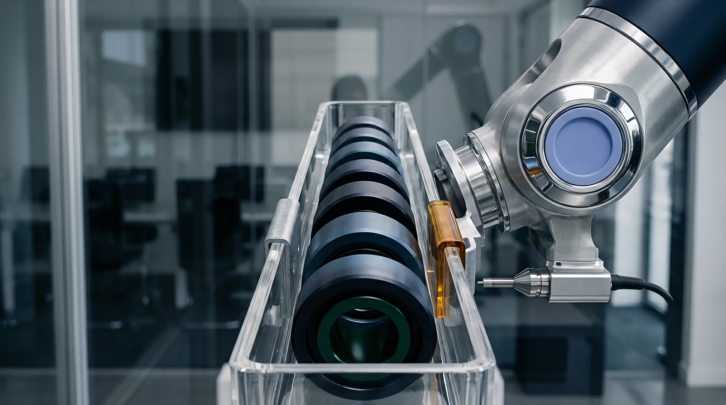 A multi axis robotic arm positions a stylus probe against a series of optical lenses held within a transparent tray.