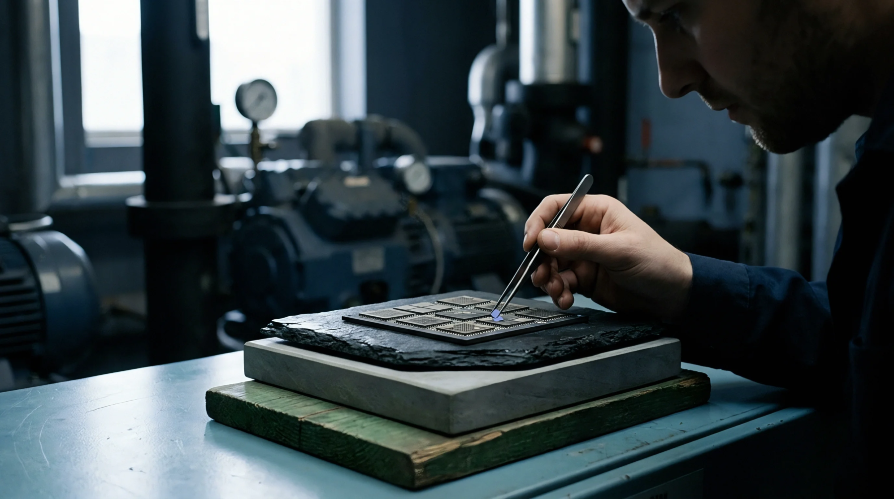 A technician uses fine tweezers to carefully position small integrated circuit packages onto a substrate within an industrial assembly environment.